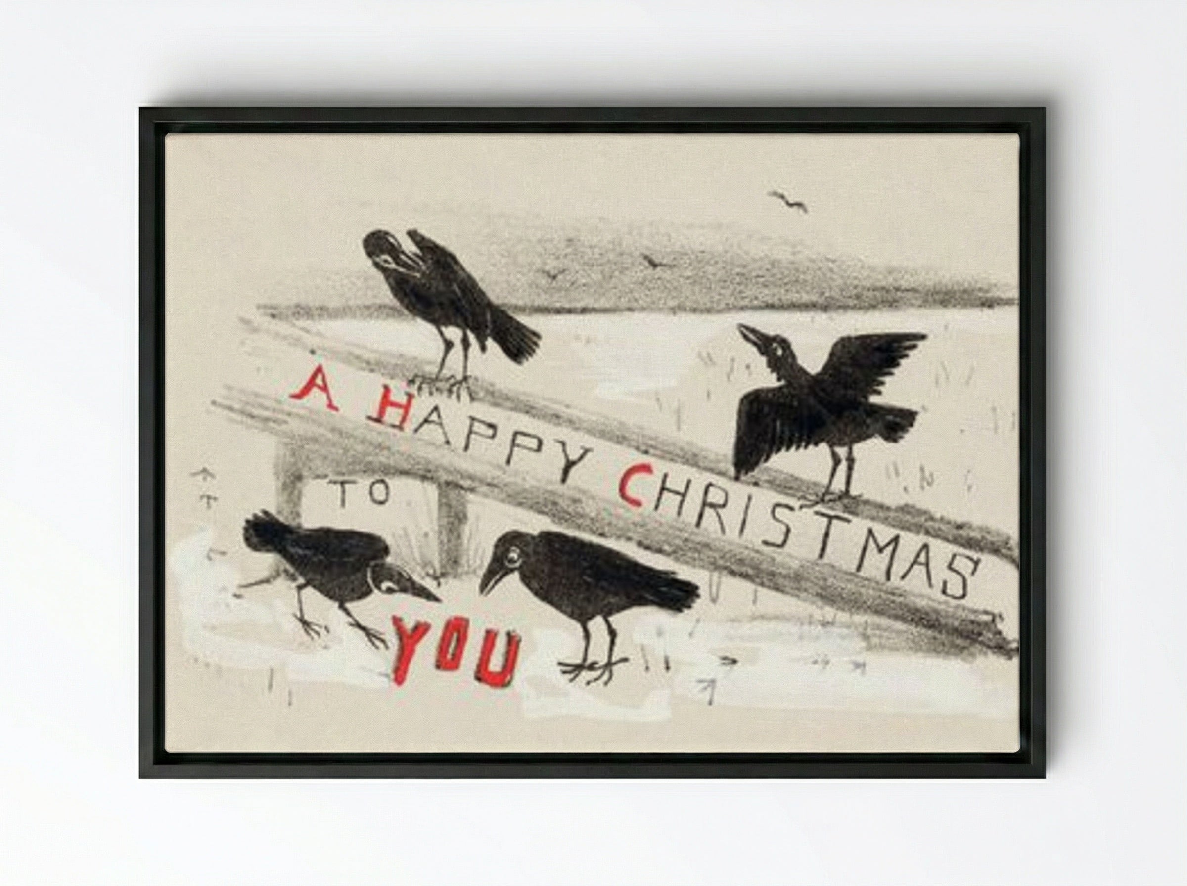 Christmas Card with Four Crows - Theo van Hoytema - Framed Canvas Black
