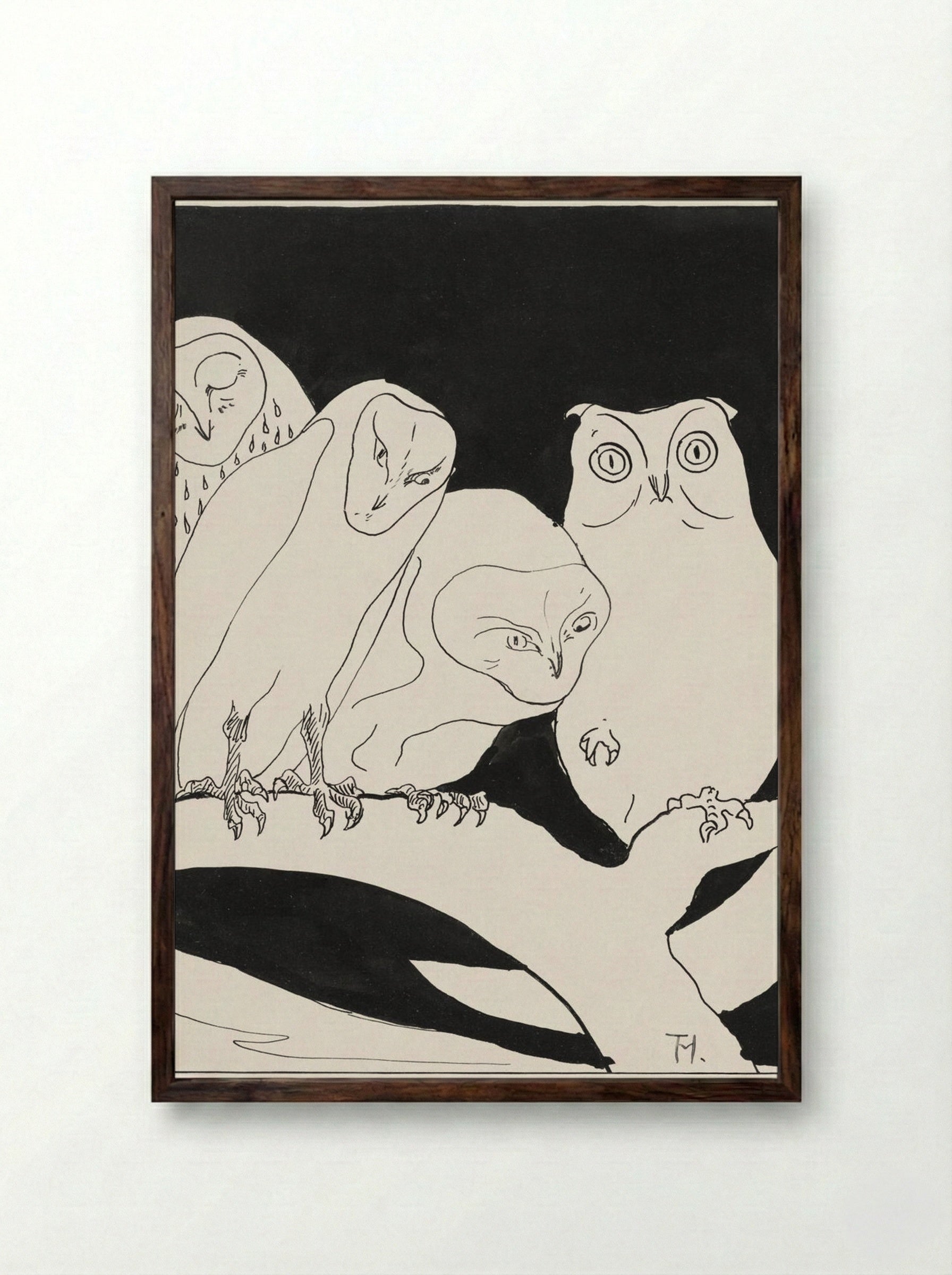 Owls on a Branch - Theo van Hoytema - Framed Print Dark Wood