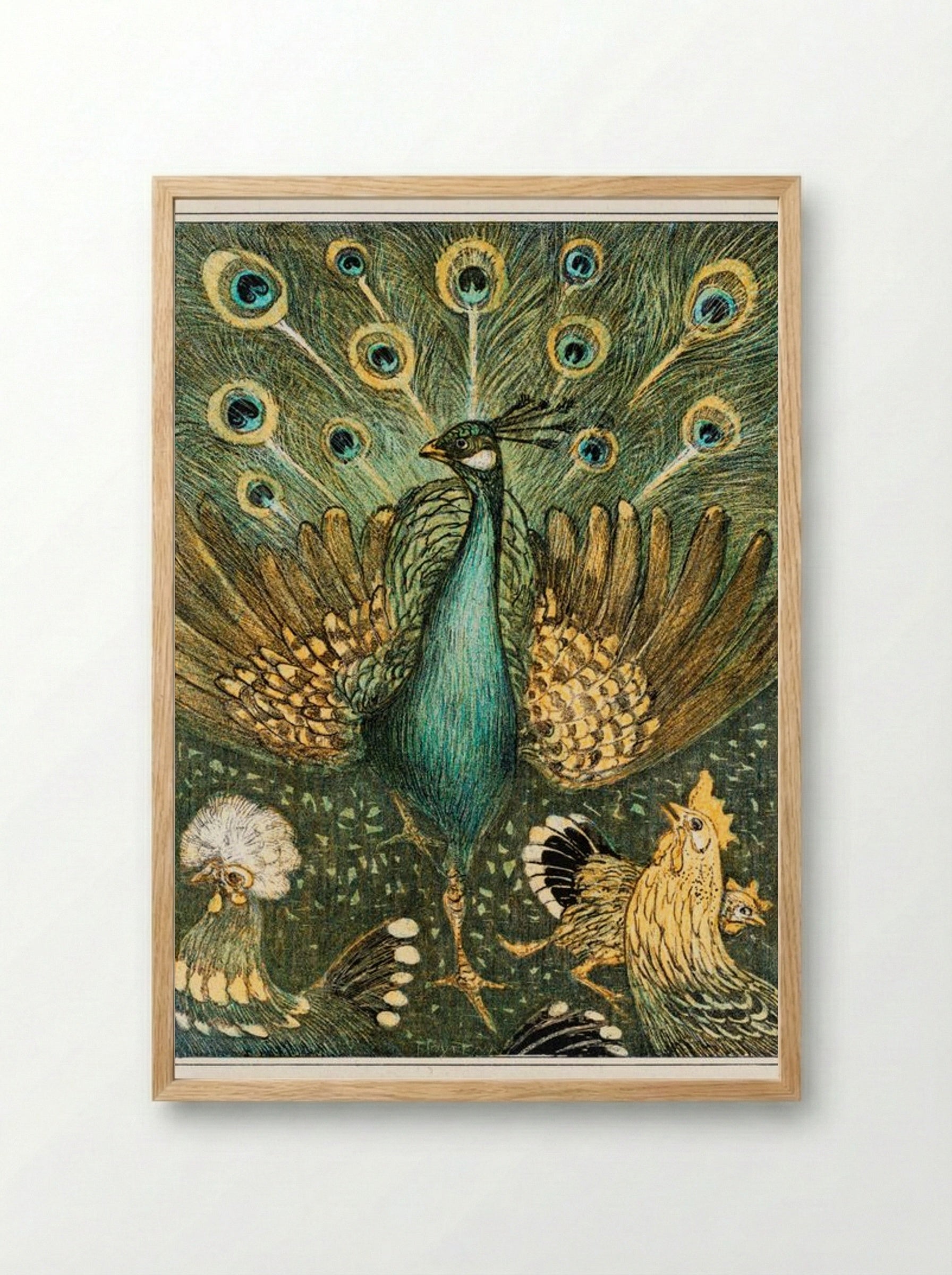 Peacock with Chickens - Theo van Hoytema - Framed Print Wood