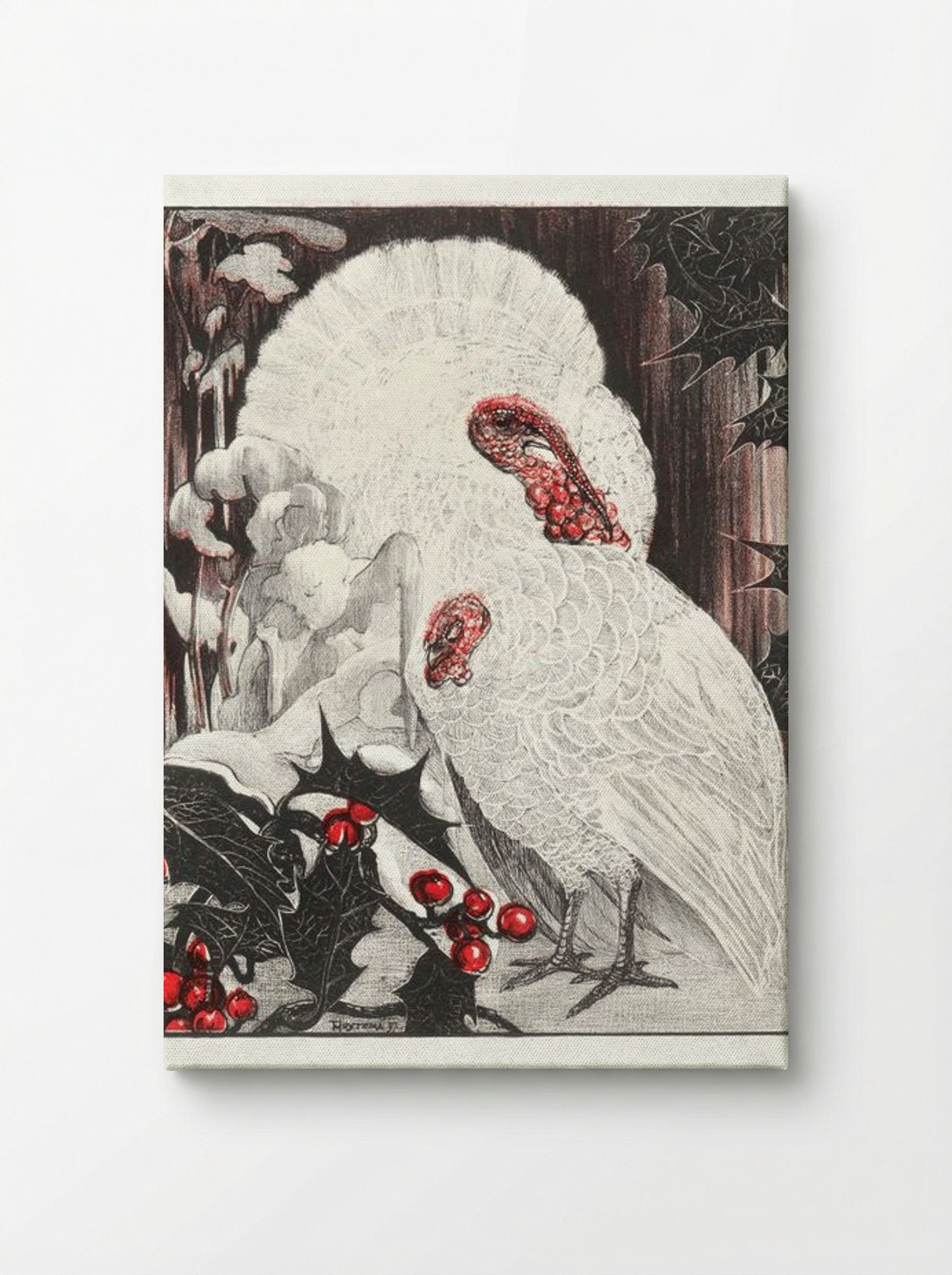 Two White Turkeys with Holly Branches in the Snow - Theo van Hoytema - Canvas