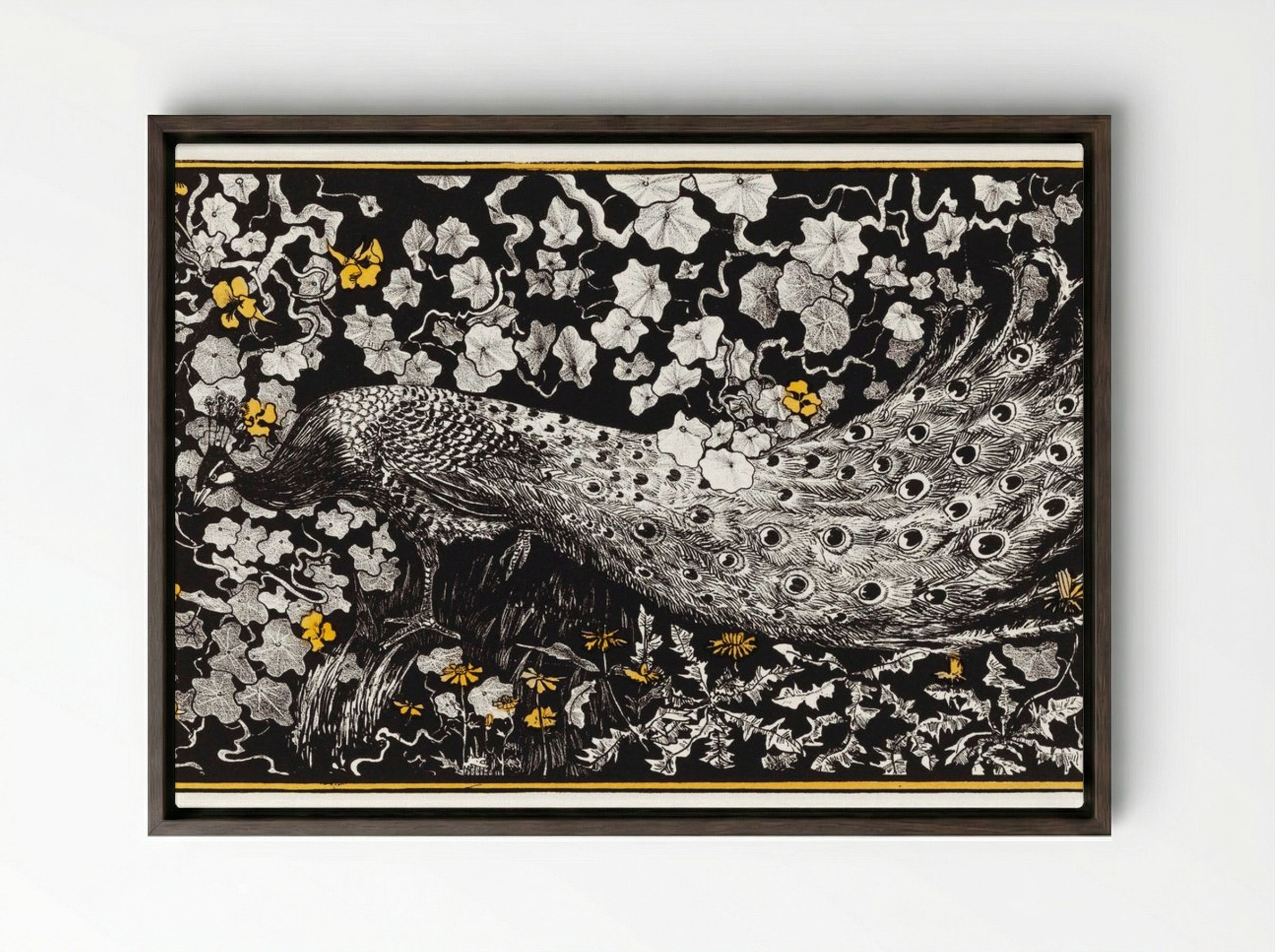 Peacock Among Foliage - Theo van Hoytema - Framed Canvas Dark Wood