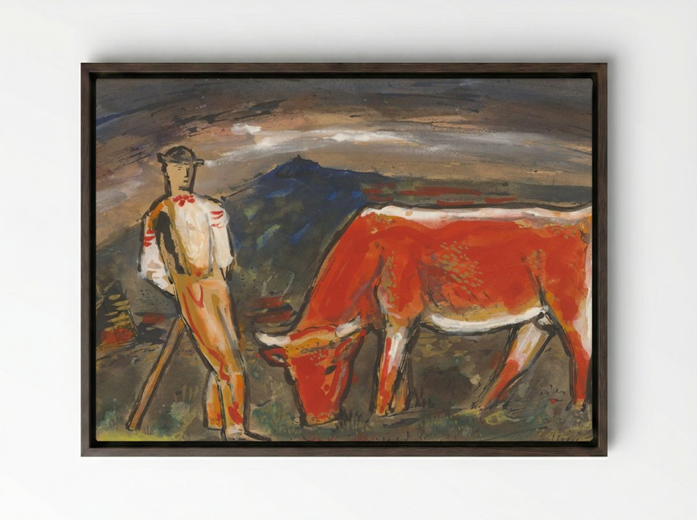 Shepherd with Red Cow - Mikuláš Galanda - Framed Canvas Dark Wood