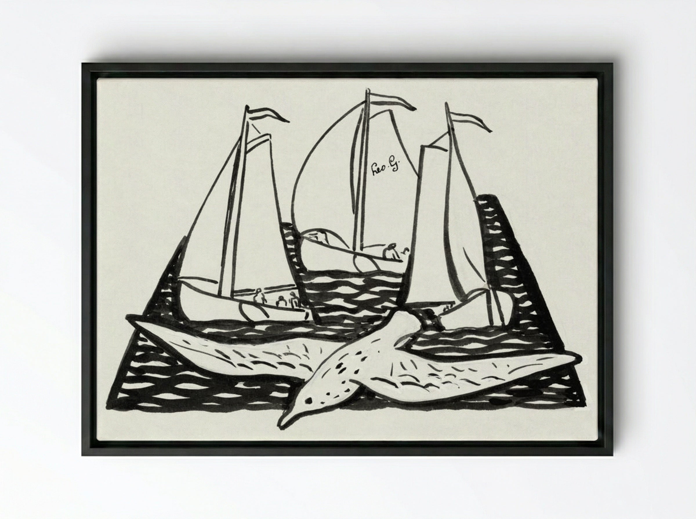 Three Sailing Ships and a Seagull - Leo Gestel - Framed Canvas Black