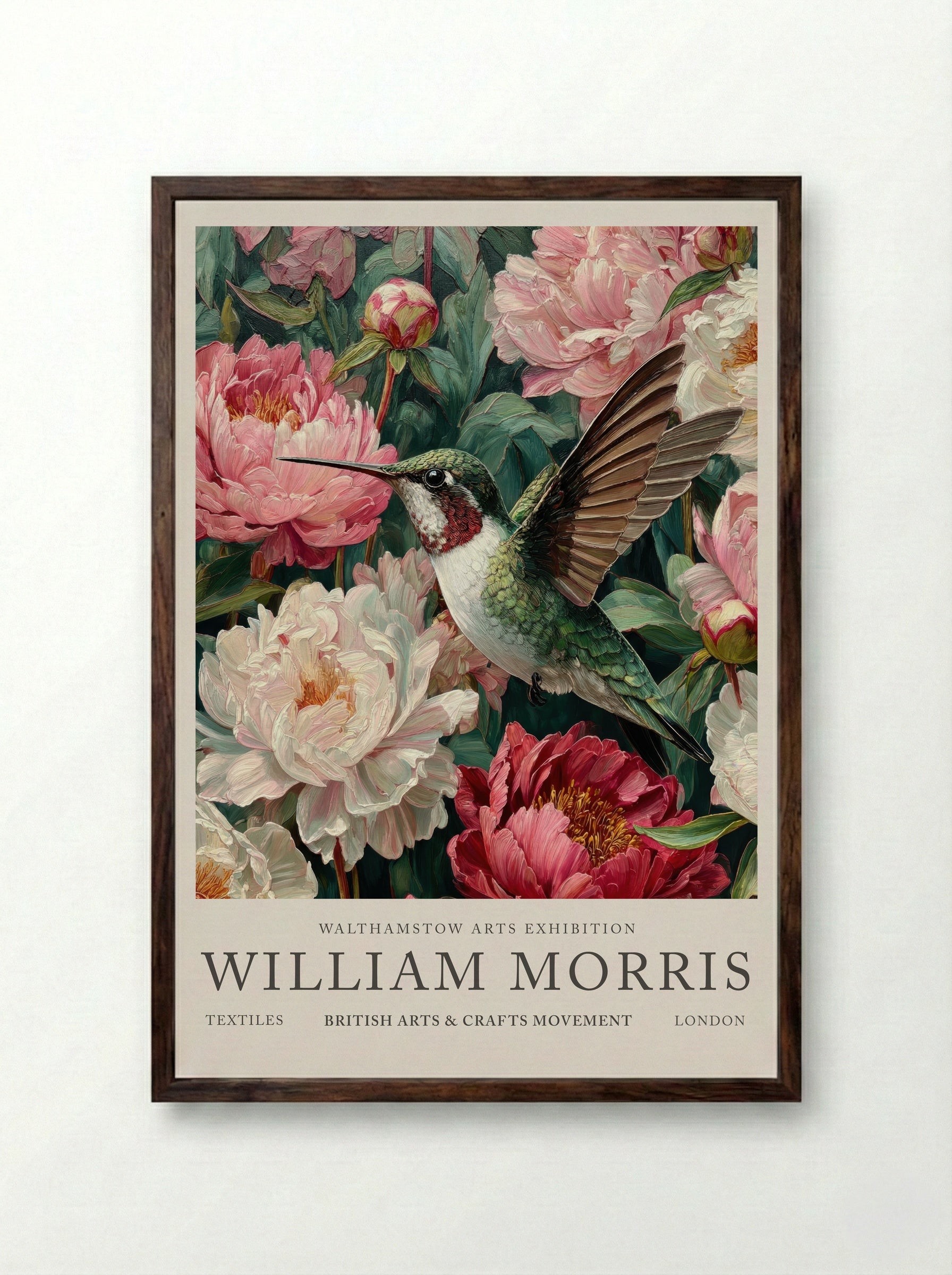 Peony Hummingbird Flight - William Morris - Framed Print Dark Wood