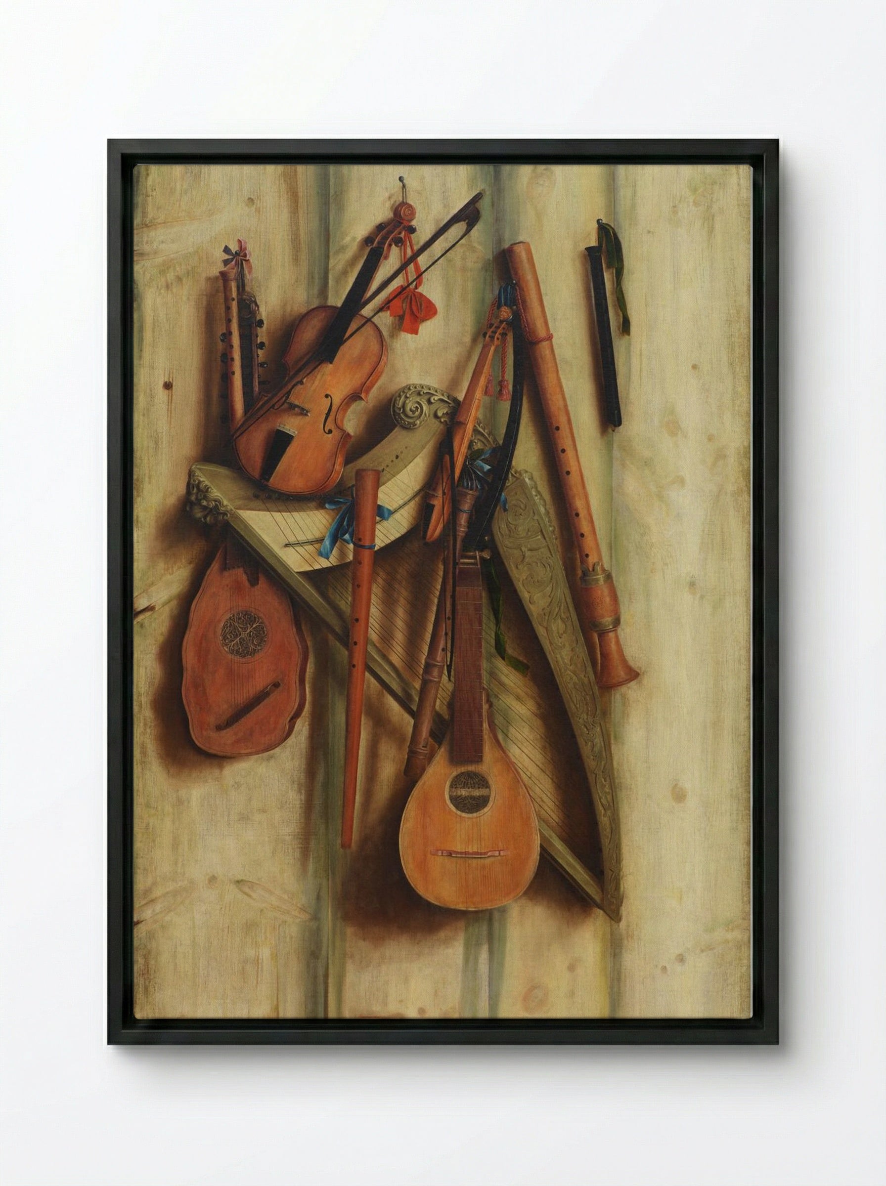 Board Wall with Musical Instruments (Trompe l'Oeil) - Franciscus Gijsbrechts - Framed Canvas Black