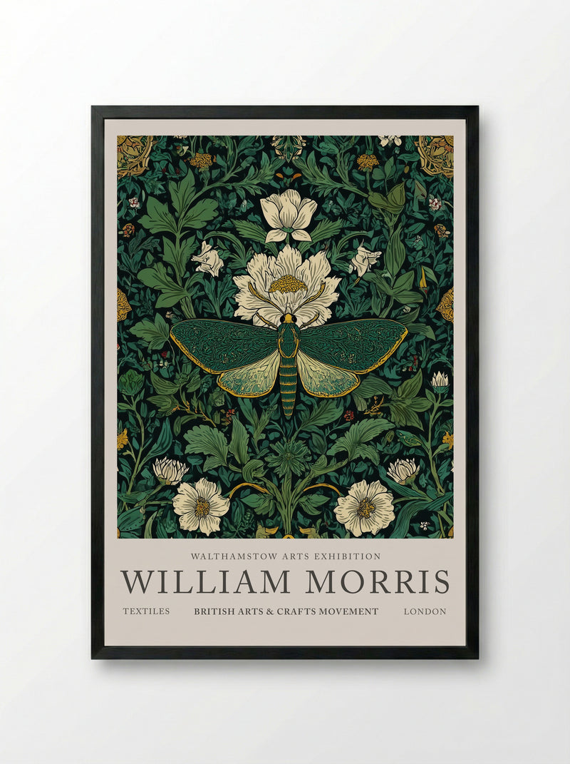 Emerald Moth Garden - William Morris - Framed Print Black
