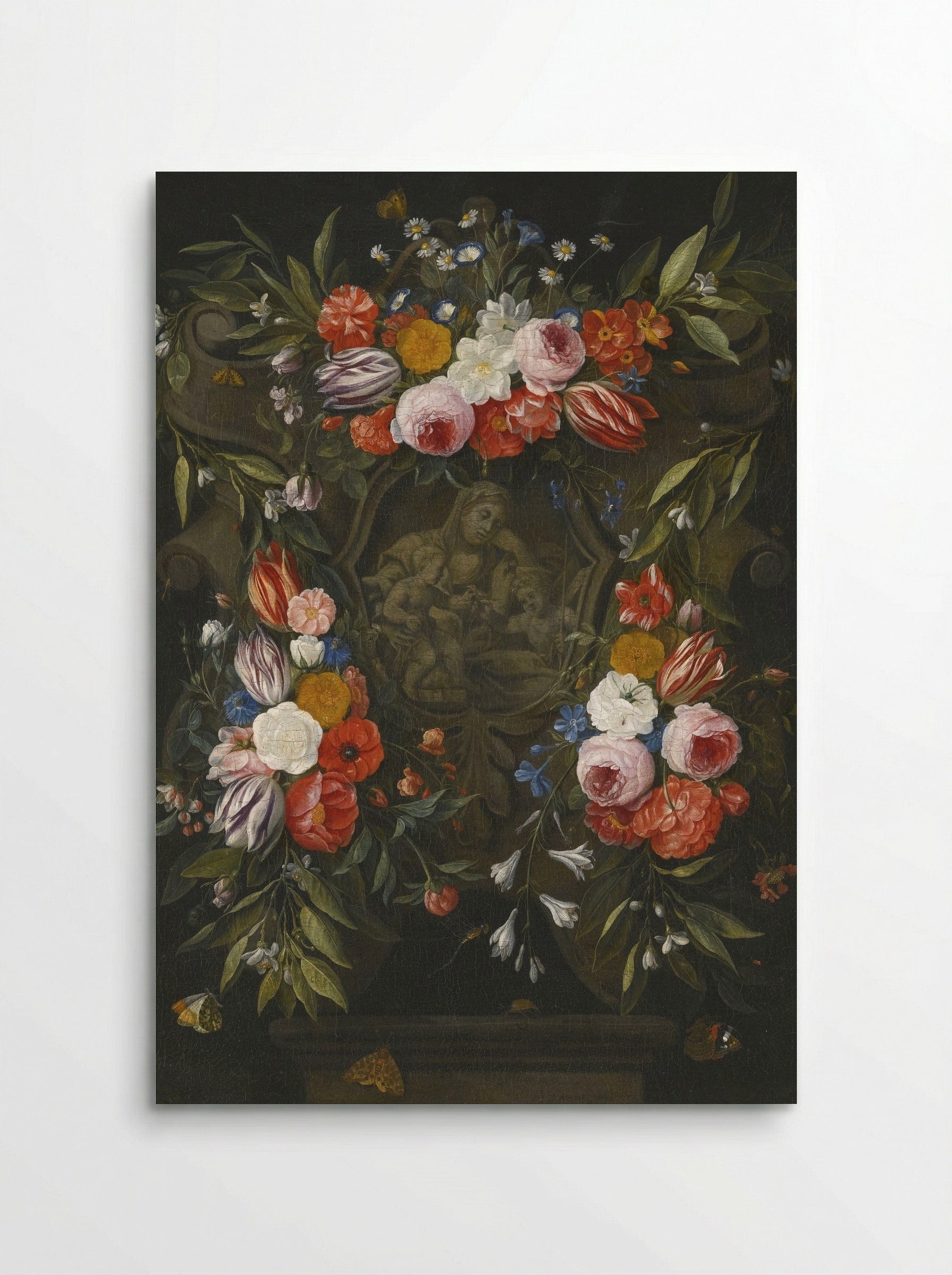 A Garland of Flowers Around a Stone Cartouche Depicting the Virgin and Child and Saint John - Jan van Kessel the Elder - Poster
