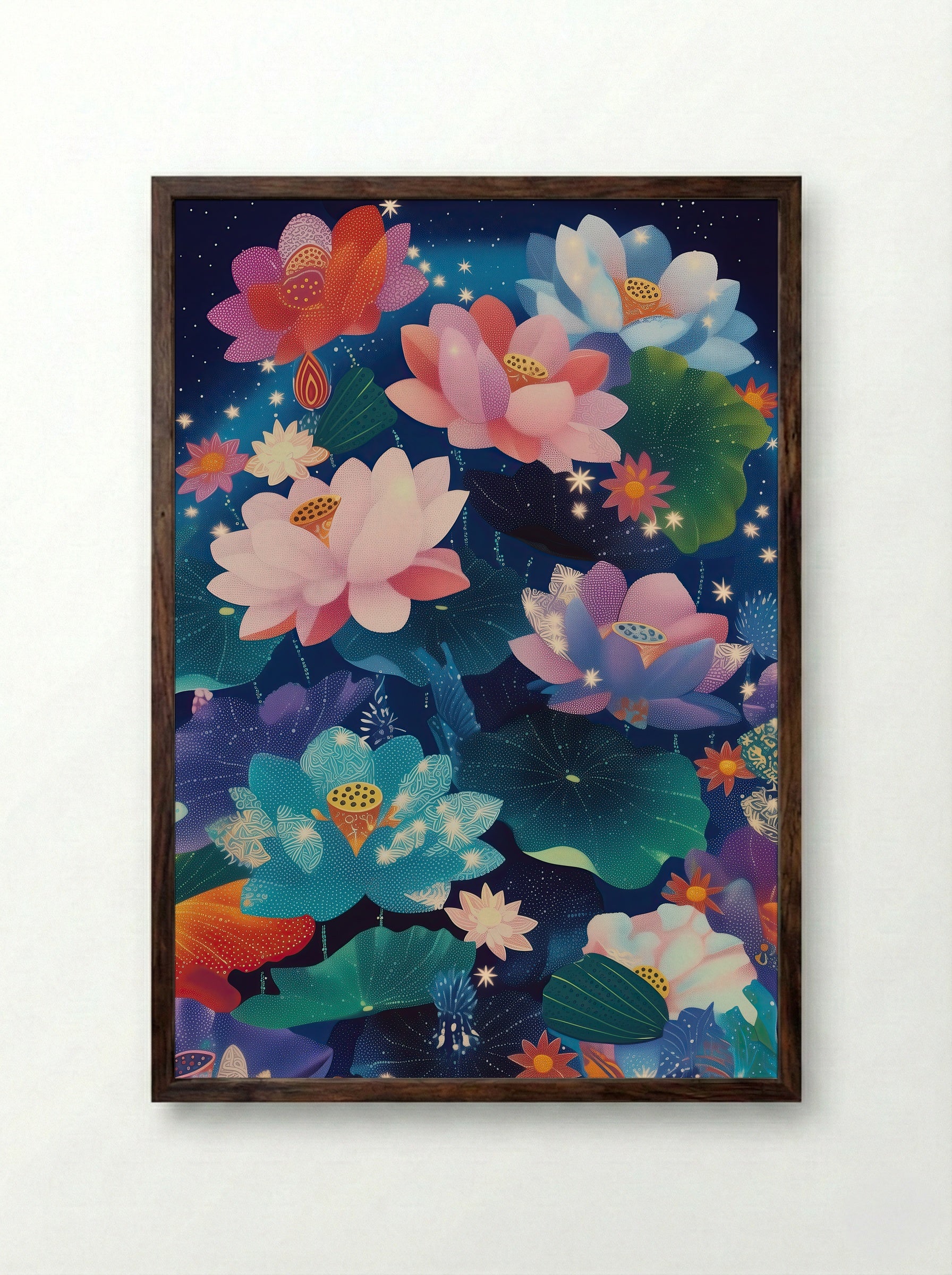 Celestial Bloomscape - Framed Print Dark Wood