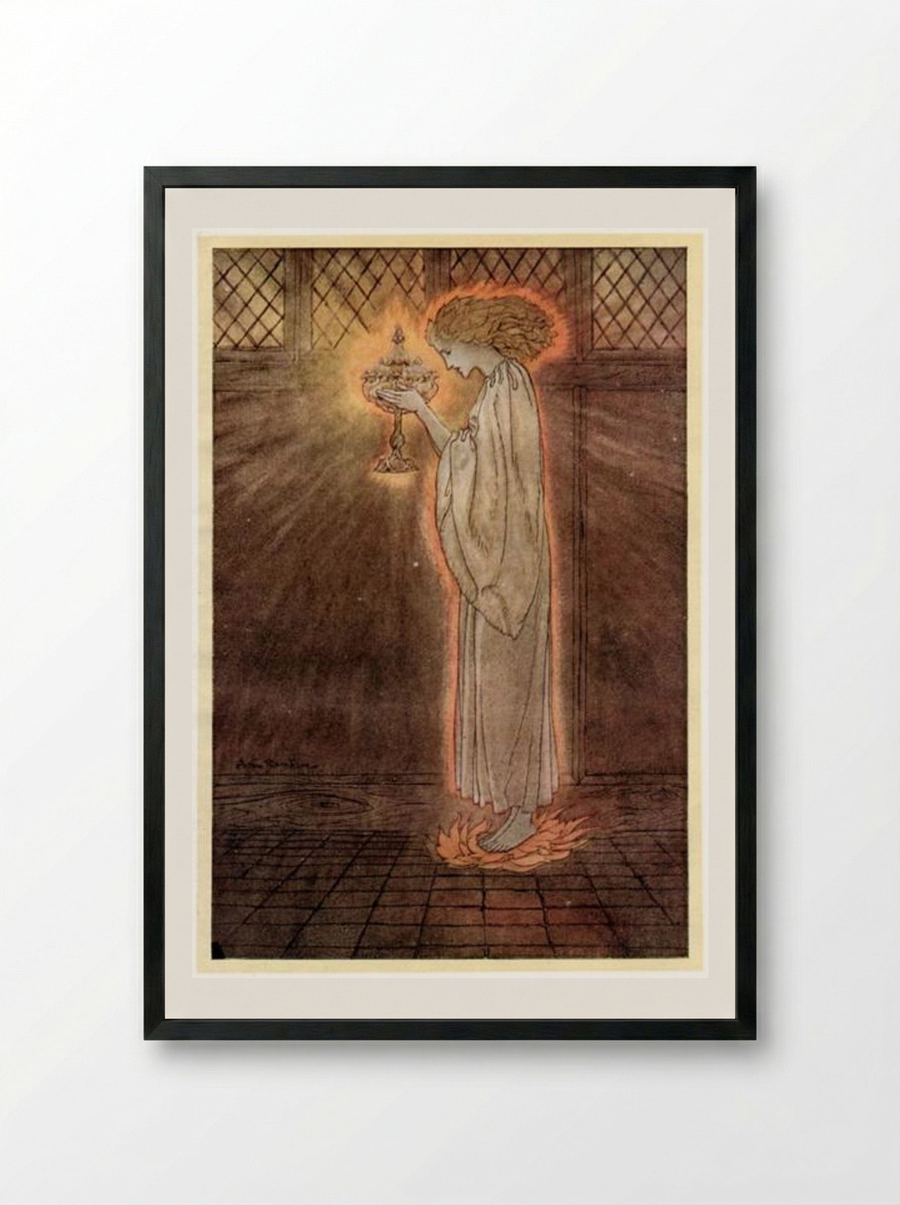 The Holy Grail is carried in - Arthur Rackham - Framed Print Black
