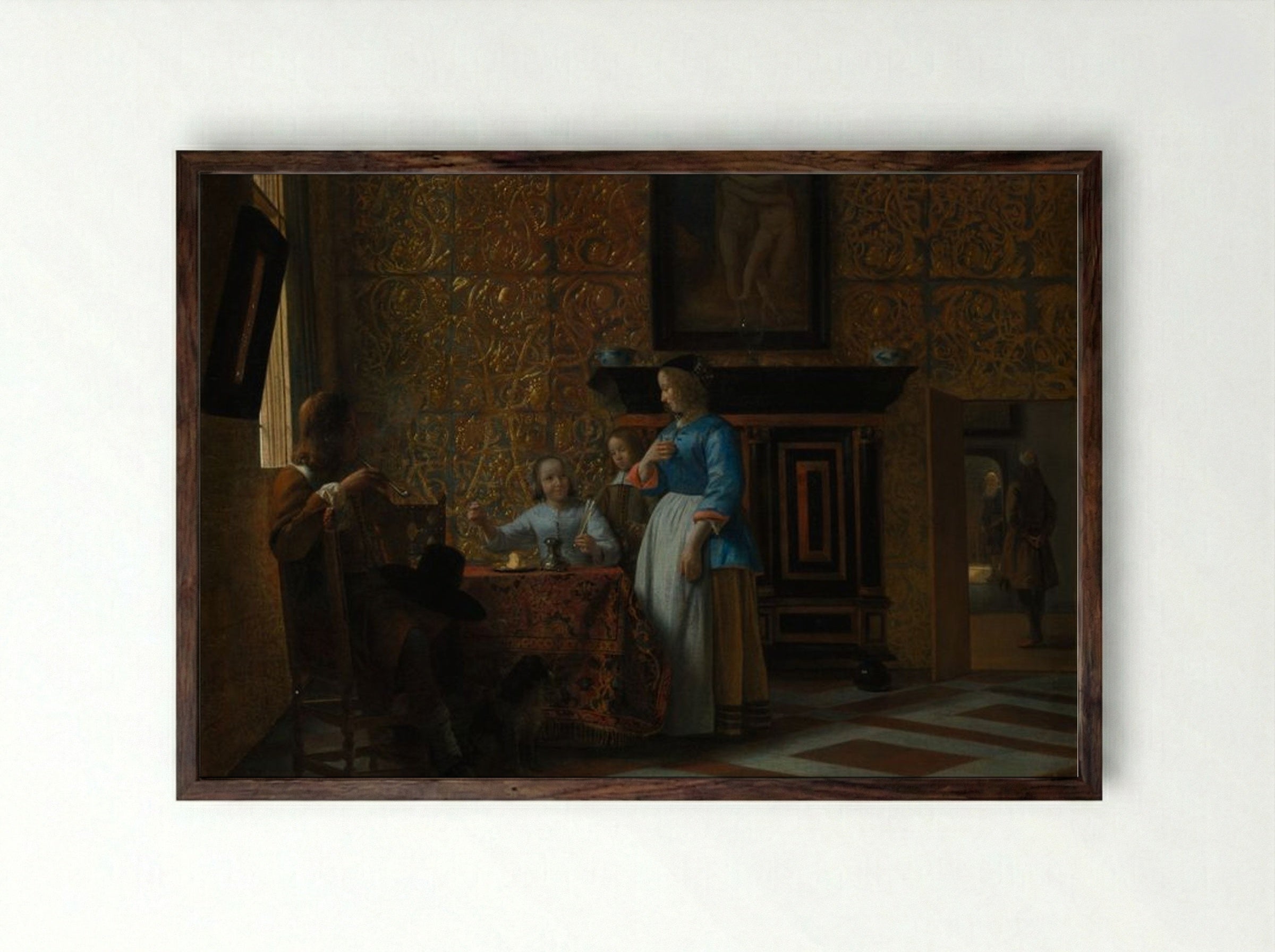Leisure Time in an Elegant Setting - Pieter de Hooch - Framed Print Dark Wood