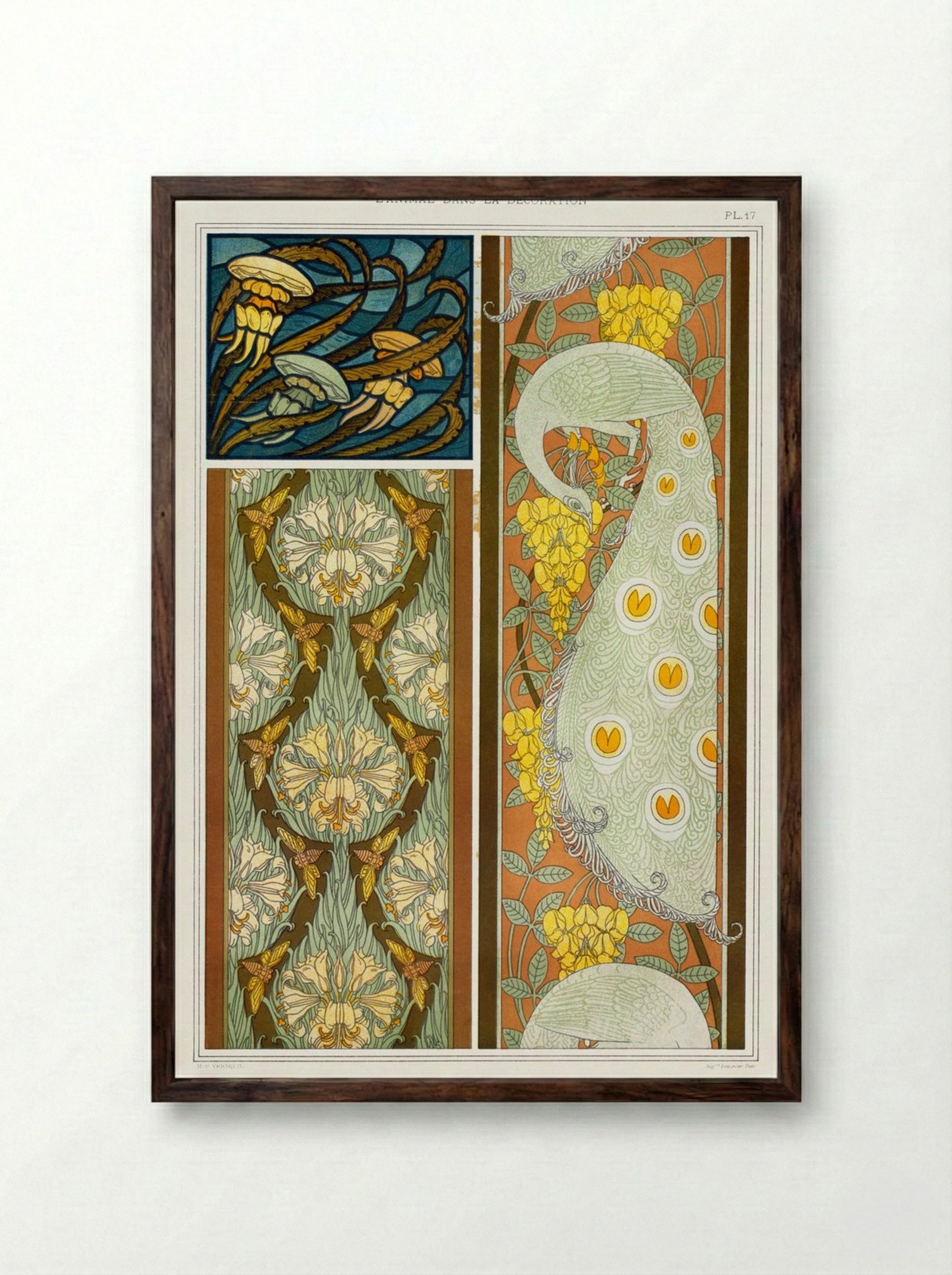 Meduses et Algues, Vitrail. Cigales et Lis, Paons et Cytise, Bordures (Plate 17 from L'animal dans la décoration) - Maurice Pillard Verneuil - Framed Print Dark Wood