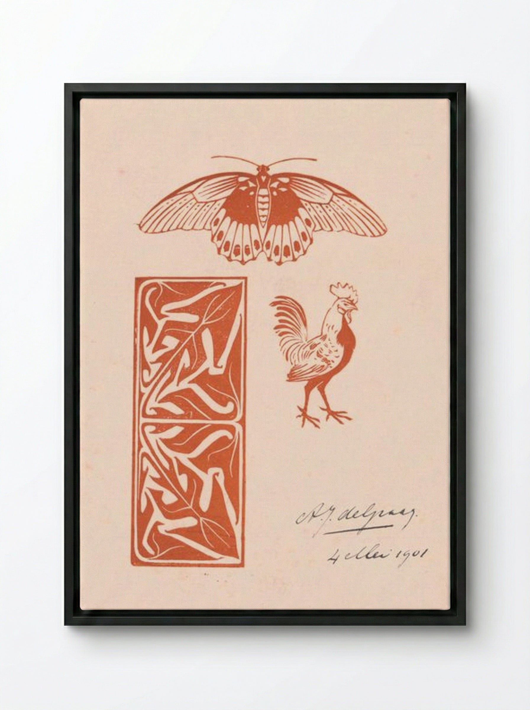 Butterfly, Rooster and Leaf Ornament - Julie de Graag - Framed Canvas Black
