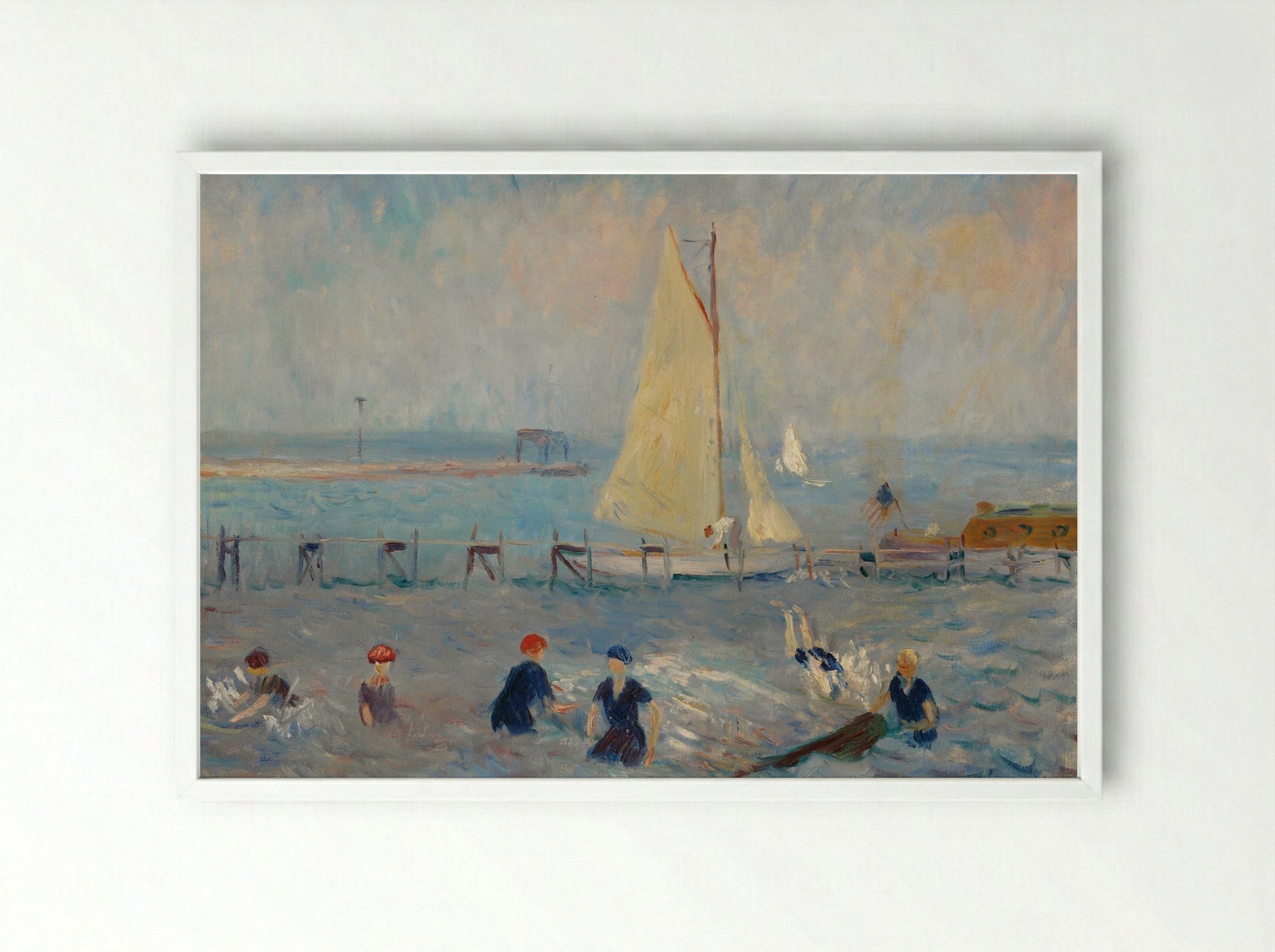 Seascape with Six Bathers, Bellport - William James Glackens - Framed Print White