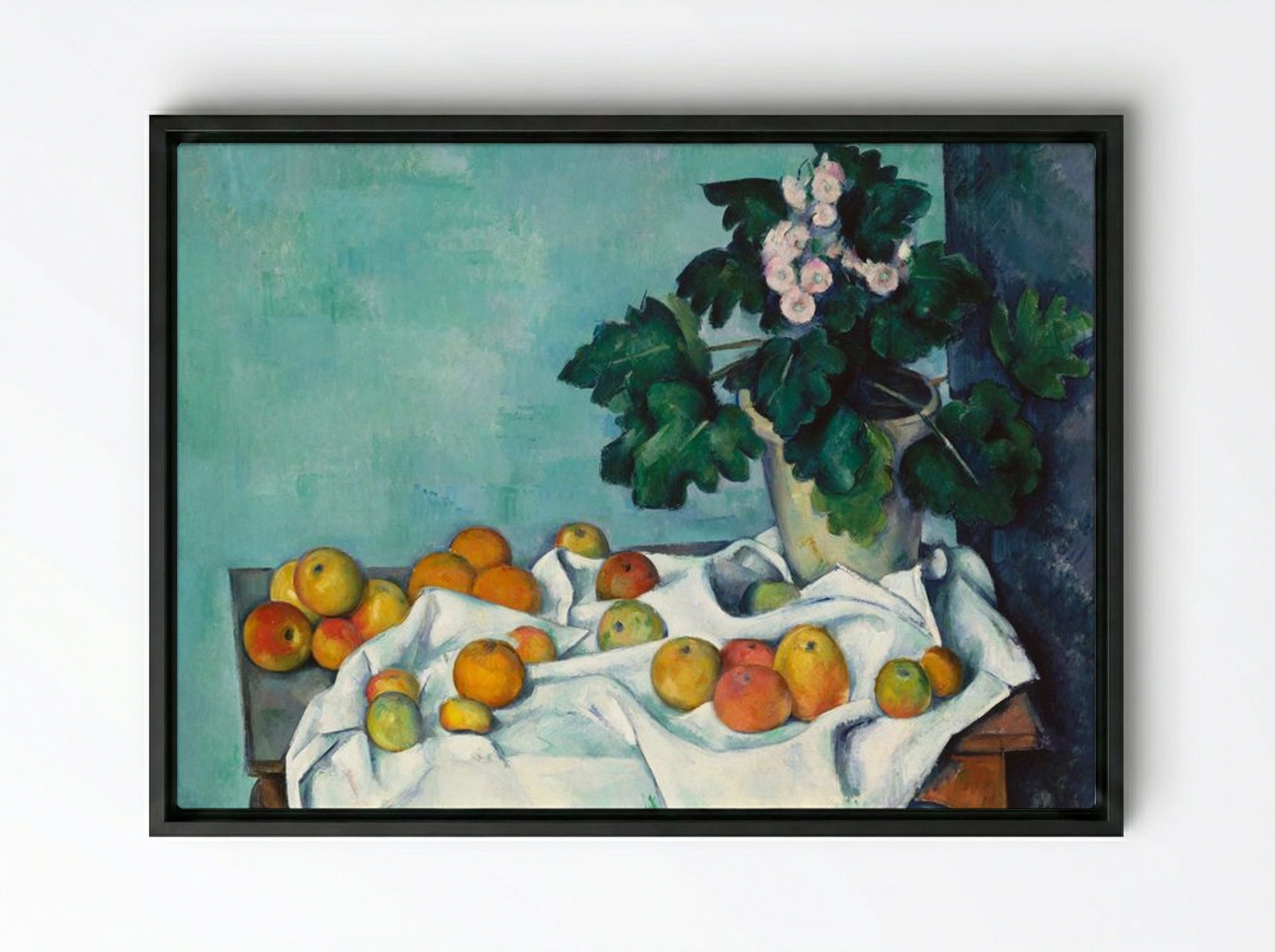 Still Life with Apples and a Pot of Primroses - Paul Cézanne - Framed Canvas Black