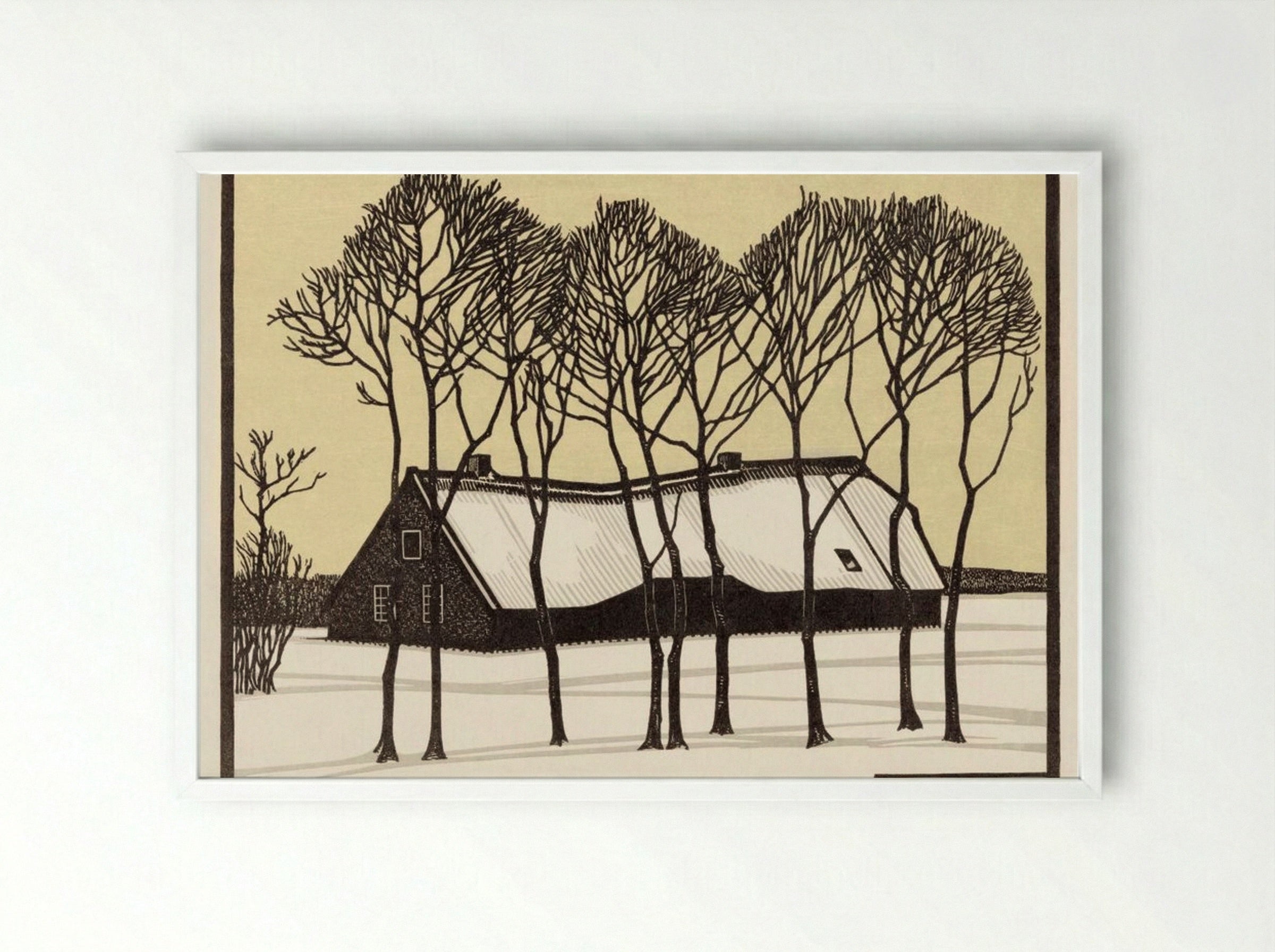 Farm in the Snow - Julie de Graag - Framed Print White