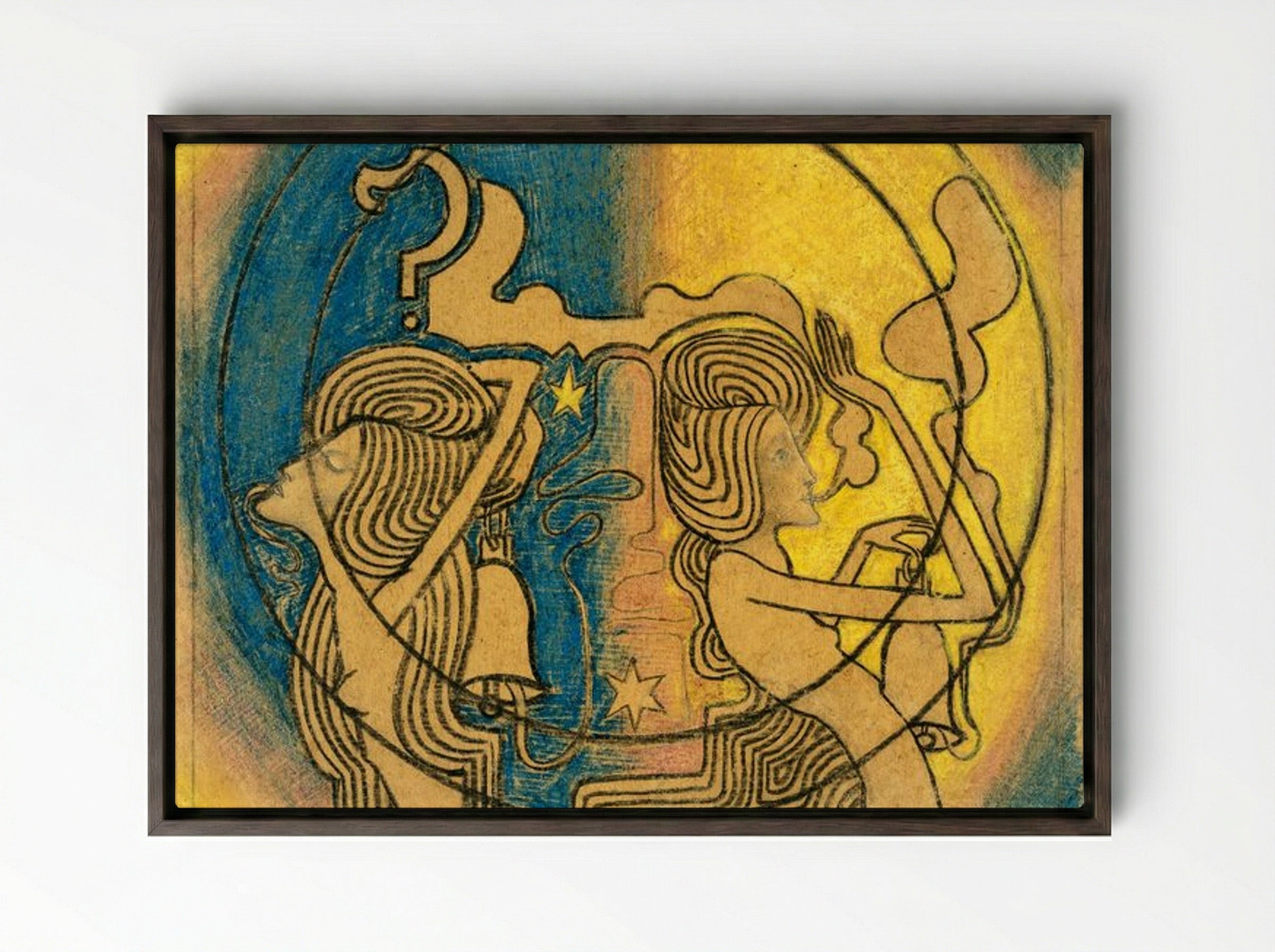 Two Stylized Female Figures with Clock in Hand - Jan Toorop - Framed Canvas Dark Wood