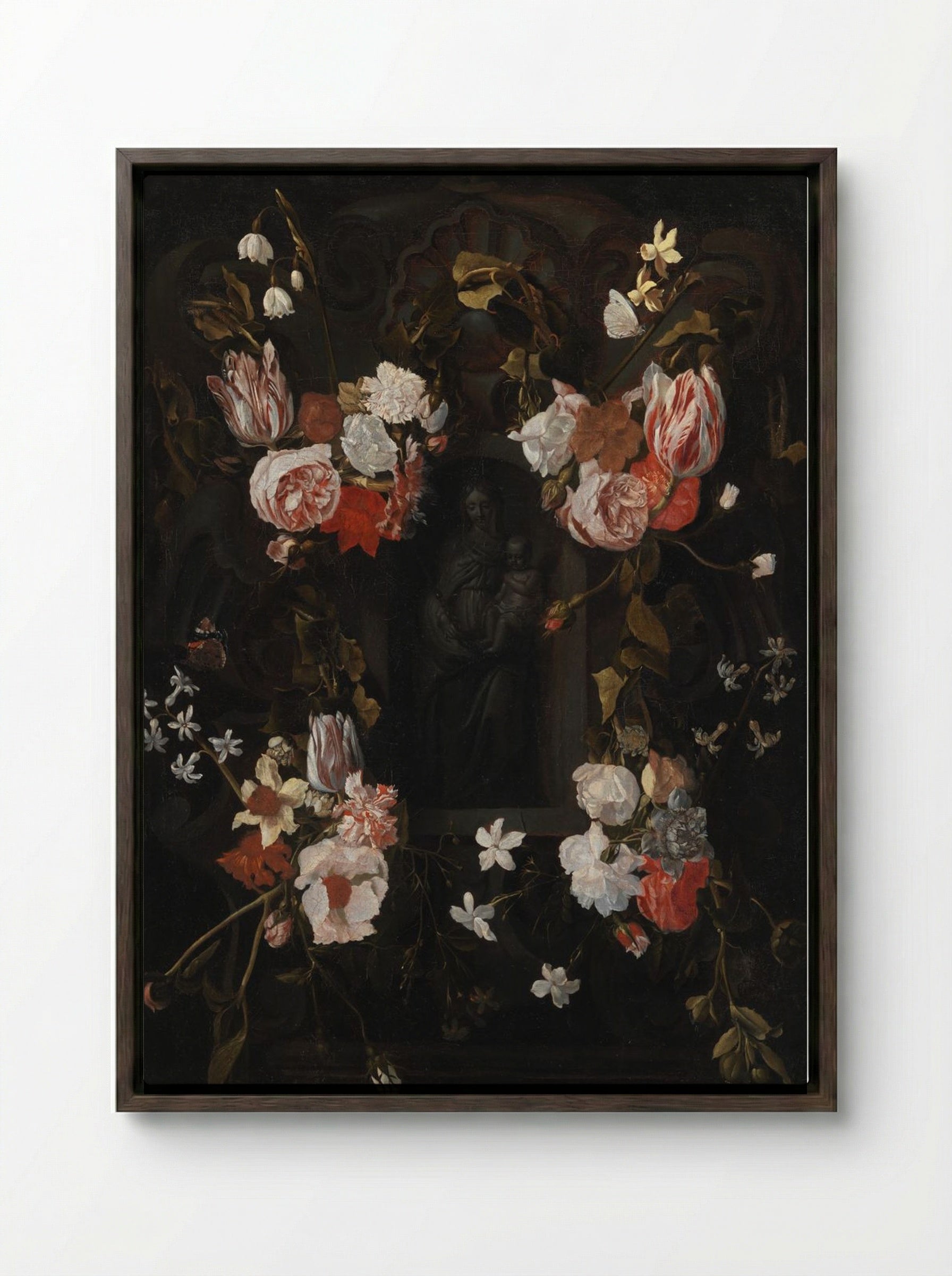 A Flower-Wreathed Niche with a Stone Figure of the Madonna - Fine Art Print - Framed Canvas Dark Wood