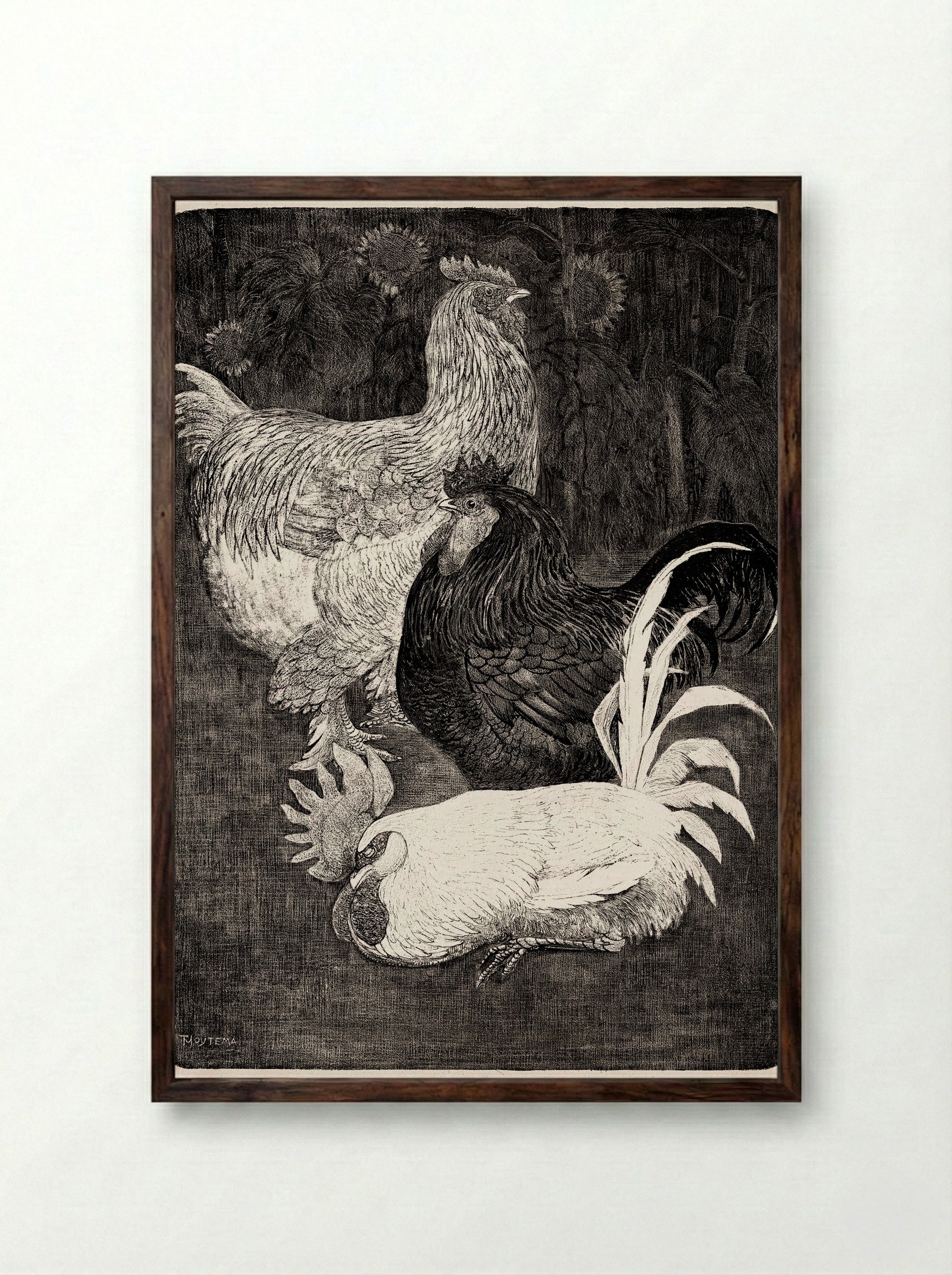 Drie Hanen (Three Roosters) - Theo van Hoytema - Framed Print Dark Wood