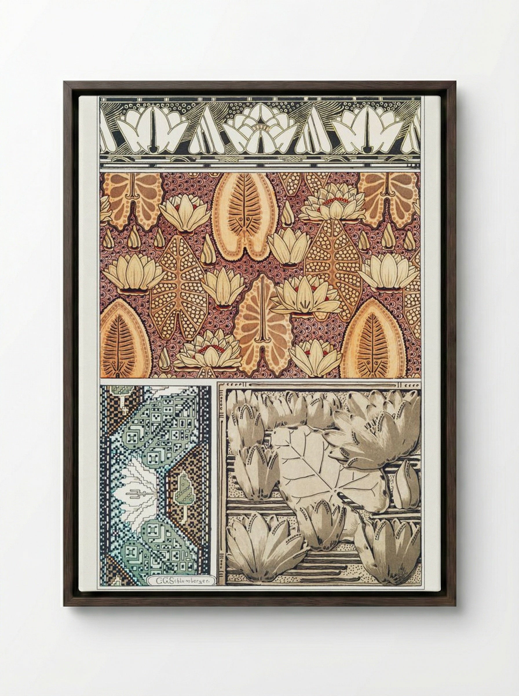 Nénuphar (Water Lilies) from La Plante et ses Applications ornementales - Maurice Pillard Verneuil - Framed Canvas Dark Wood