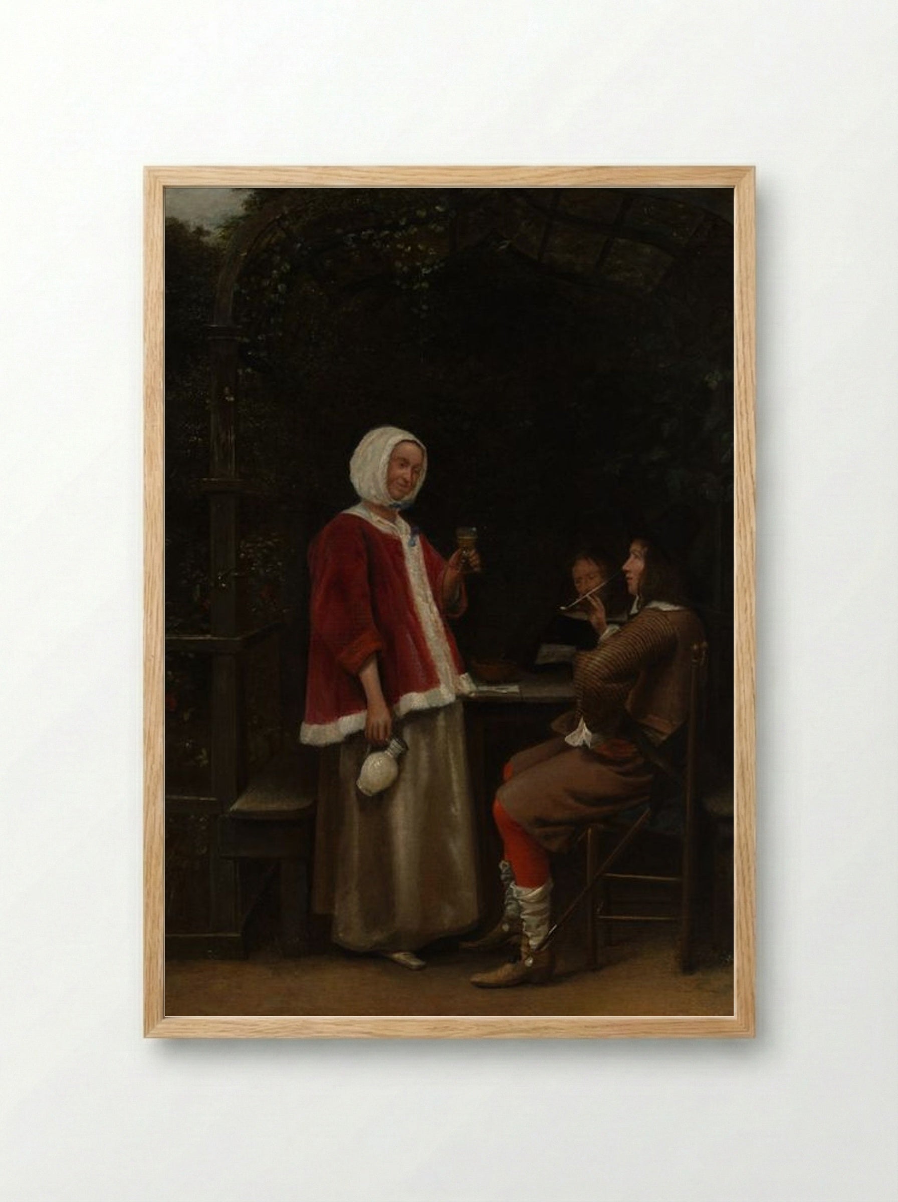A Woman and Two Men in an Arbor - Pieter de Hooch - Framed Print Wood