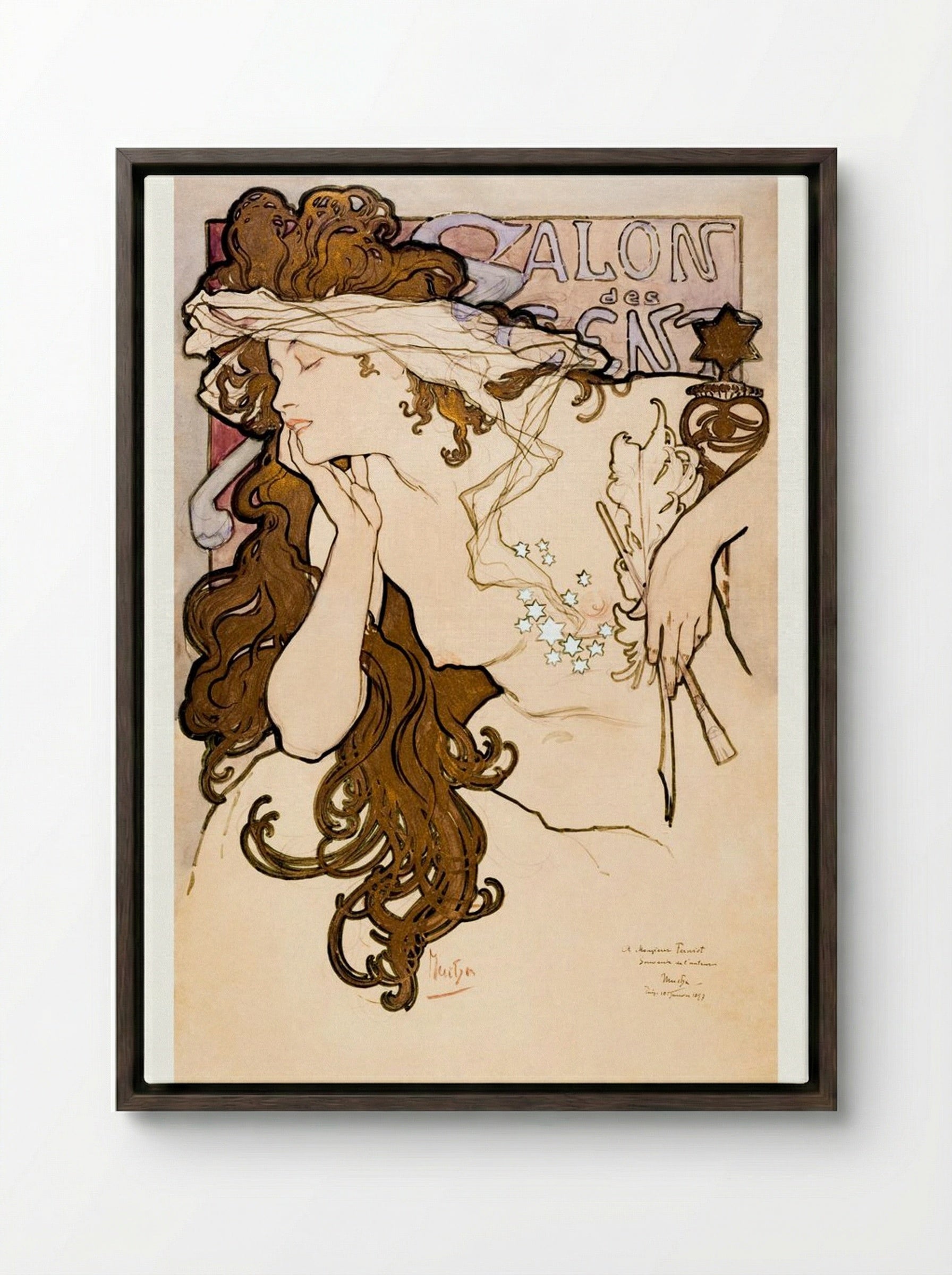 Salon des Cent Poster - Alphonse Mucha - Framed Canvas Dark Wood