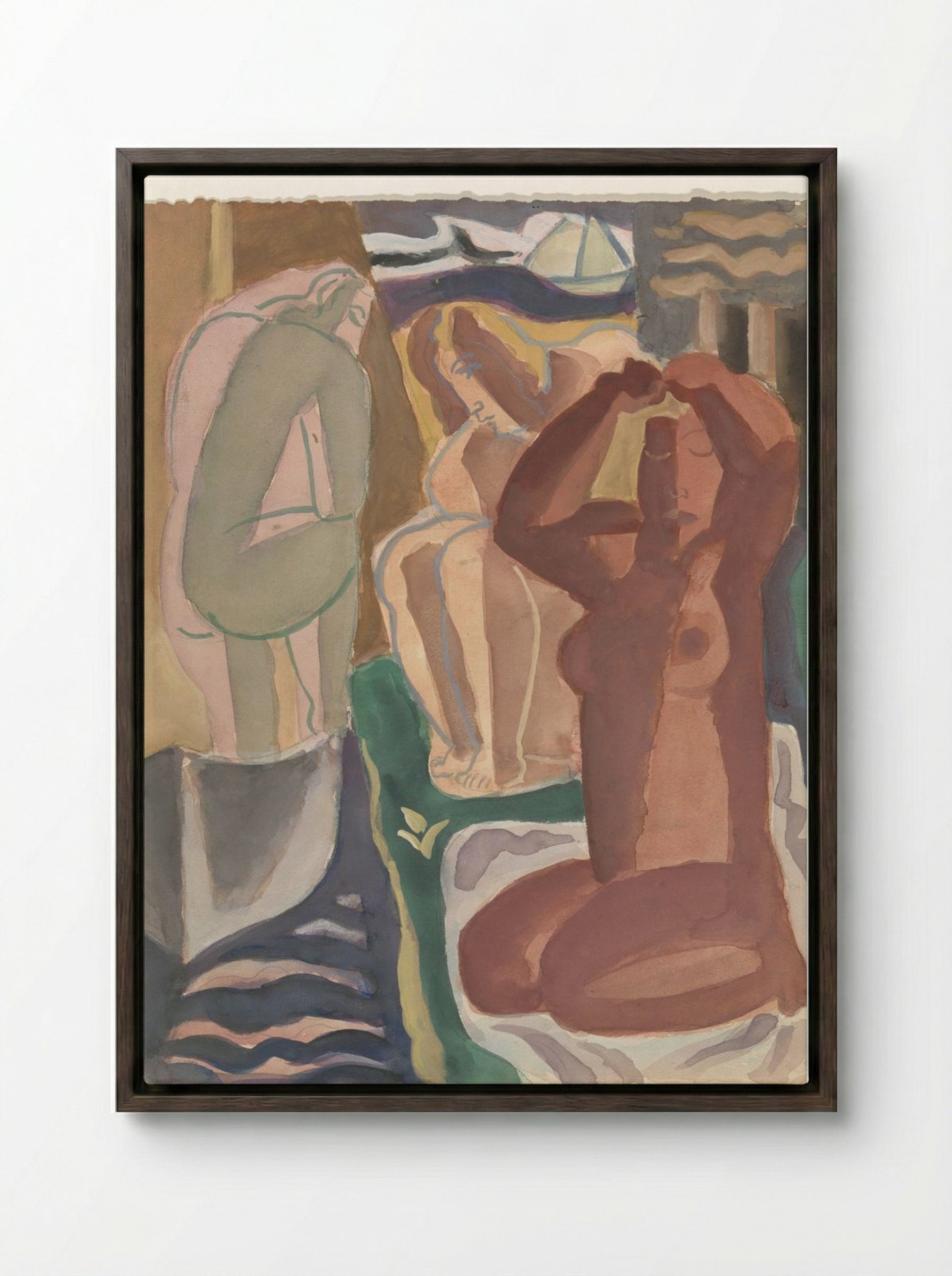 Two Bathing Women and a Figure from the Back - Leo Gestel - Framed Canvas Dark Wood