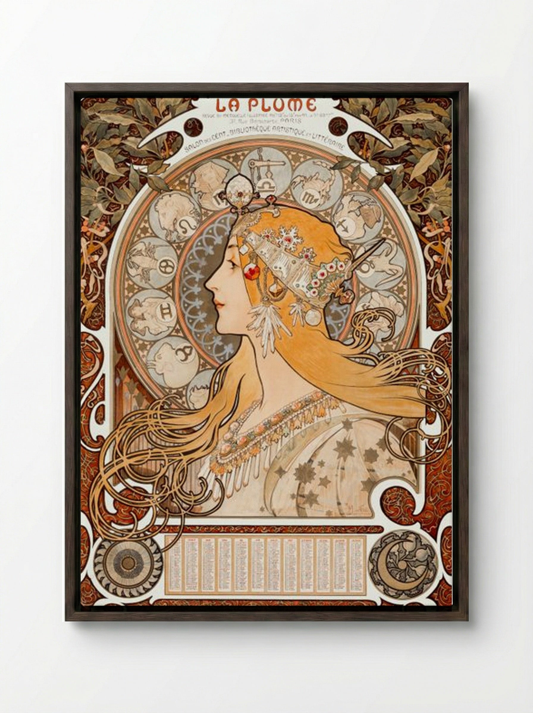 Zodiaque (La Plume) - Alphonse Mucha - Framed Canvas Dark Wood