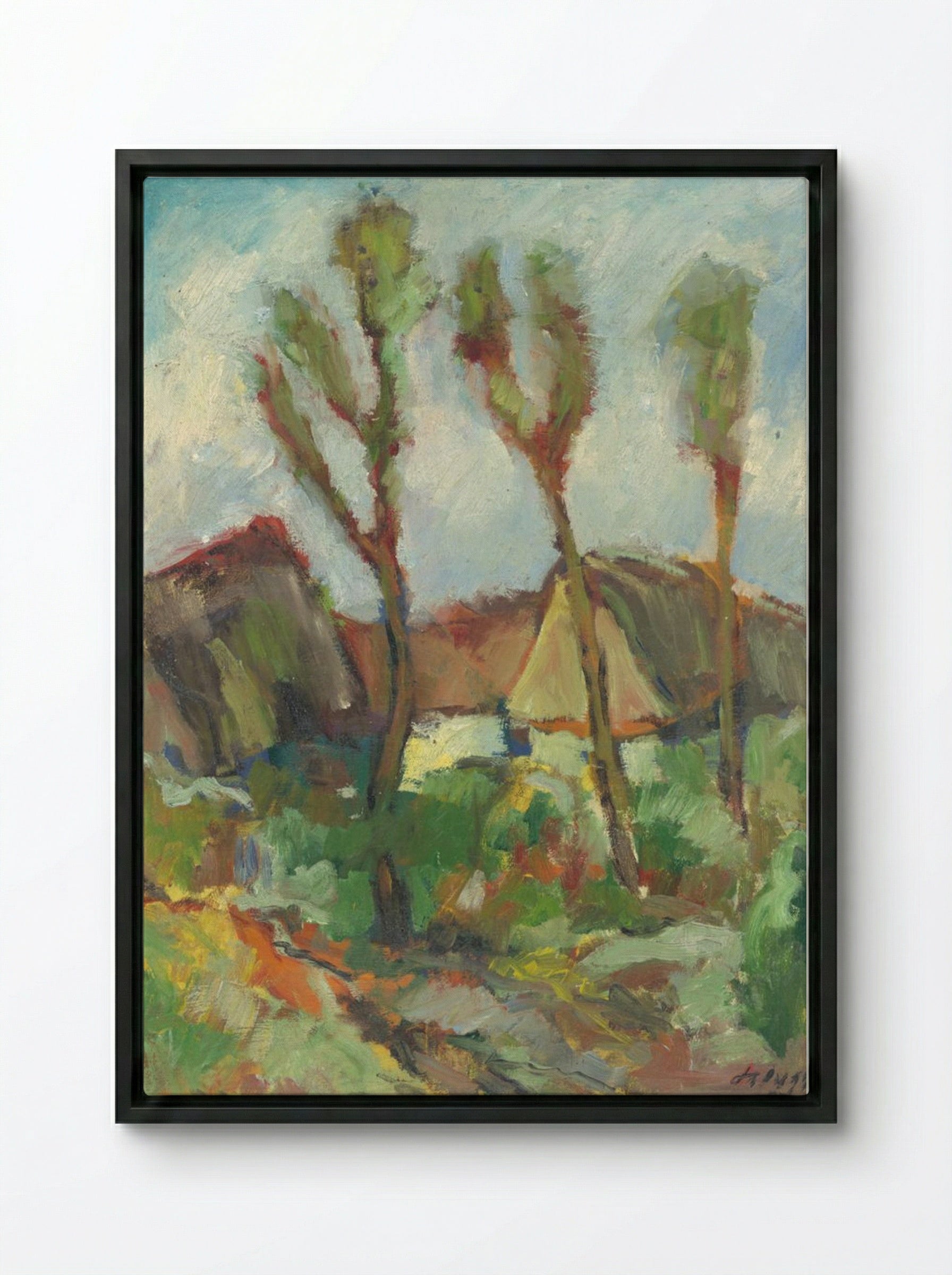 Sketch of a Landscape with Poplars - Zolo Palugyay - Framed Canvas Black