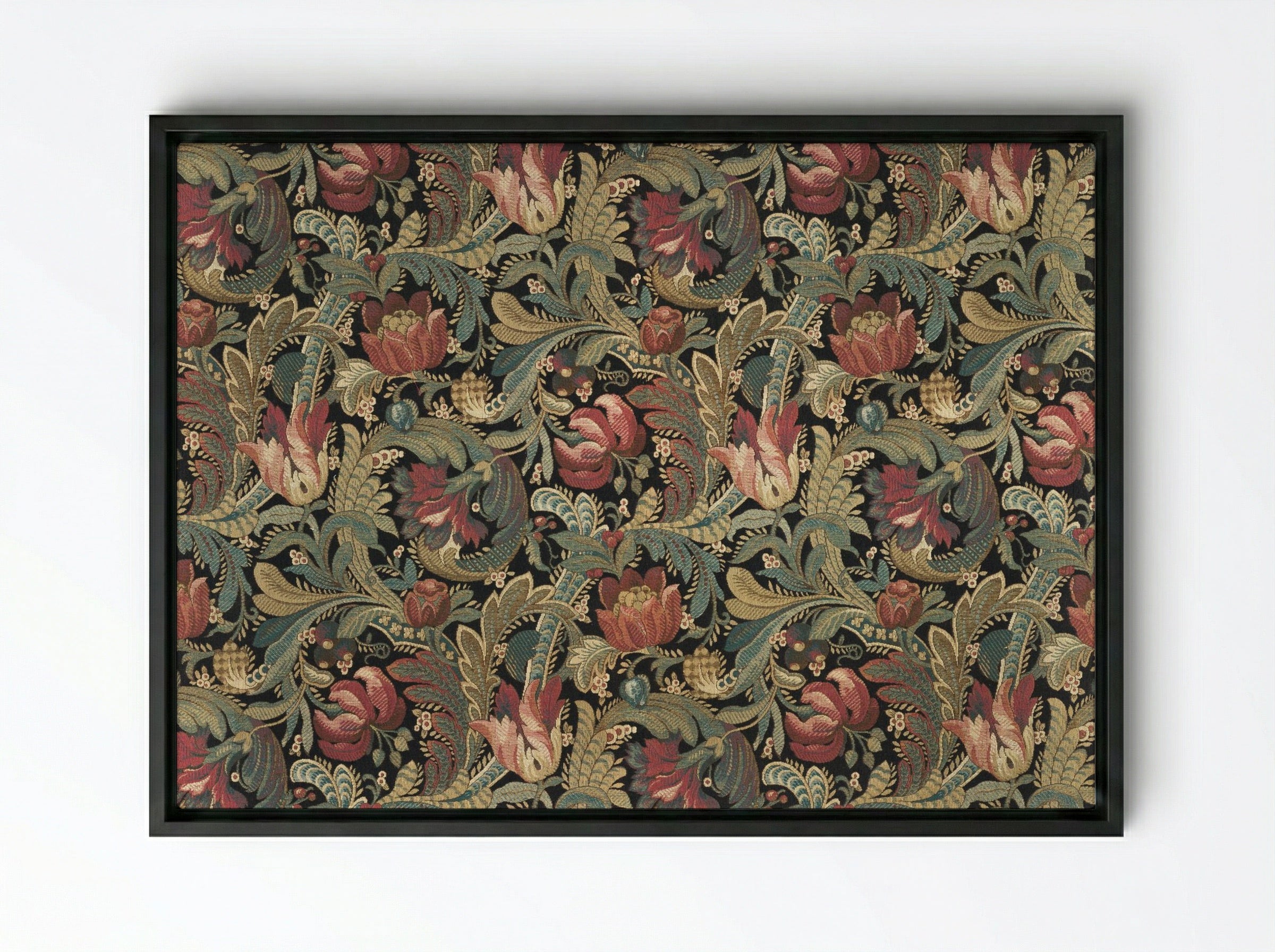 Floral Pattern with Tulips and Foliage - Fine Art Print - Framed Canvas Black