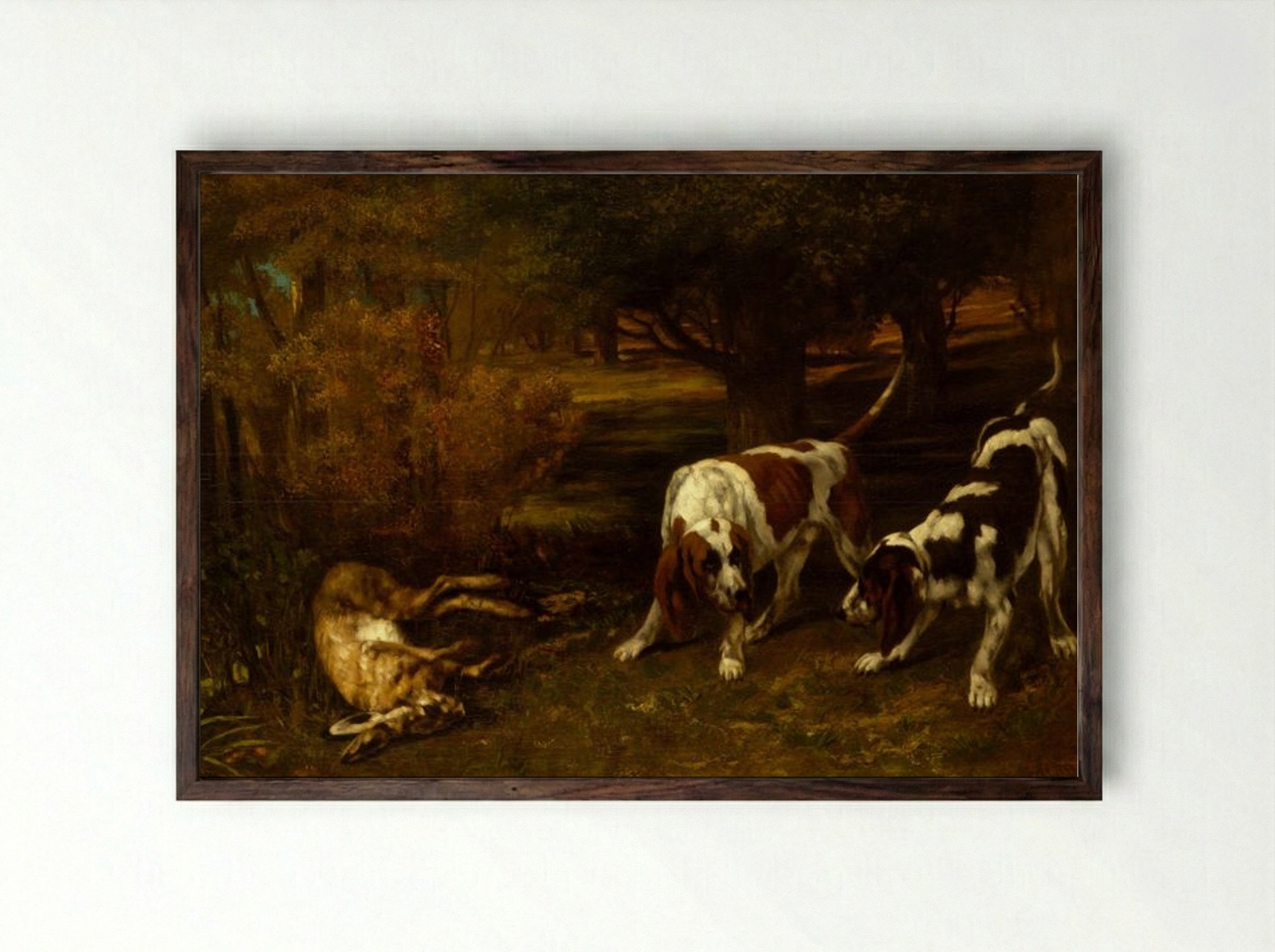 Hunting Dogs with Dead Hare - Gustave Courbet - Framed Print Dark Wood