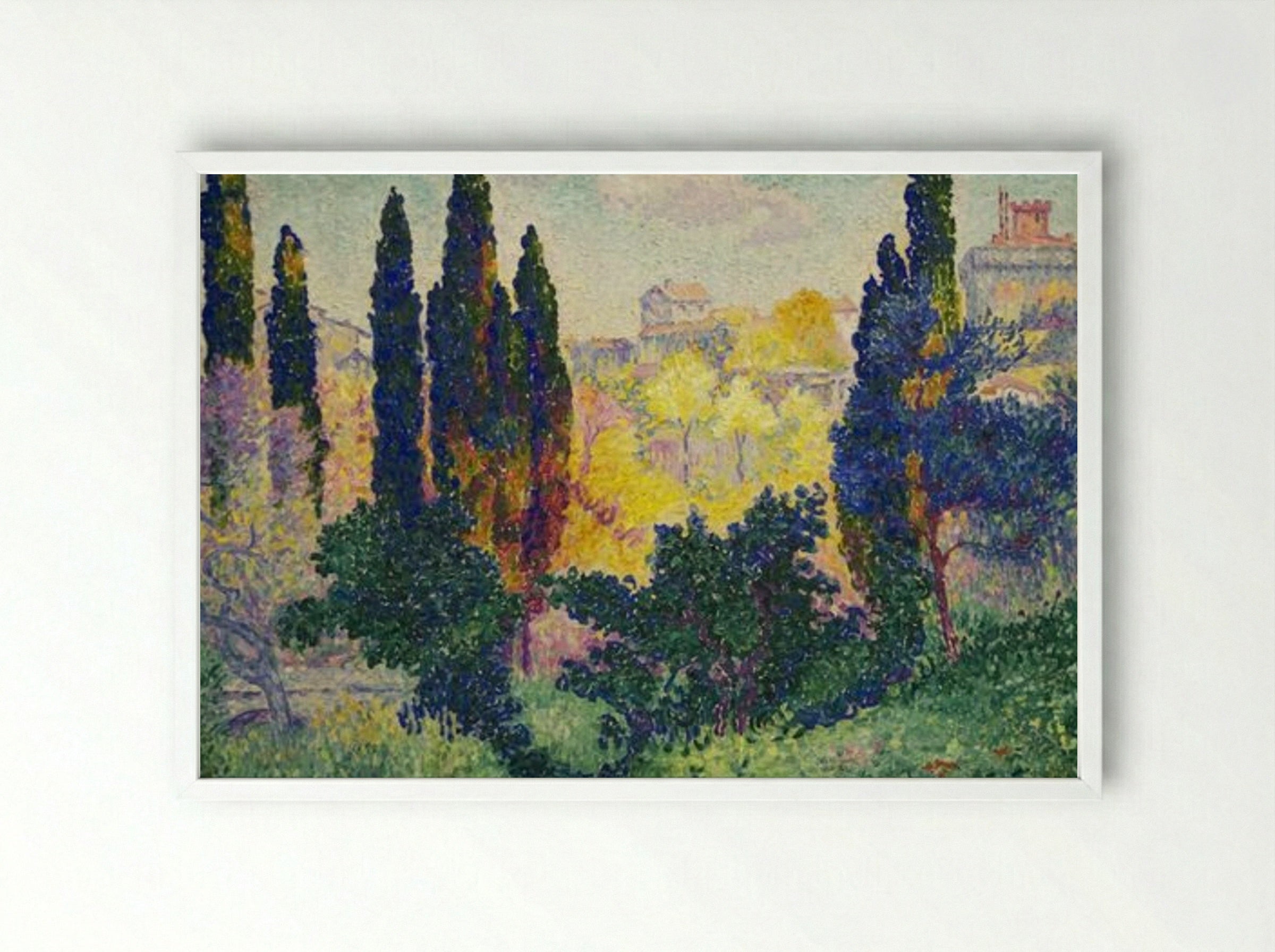Les cyprès à Cagnes - Henri-Edmond Cross - Framed Print White