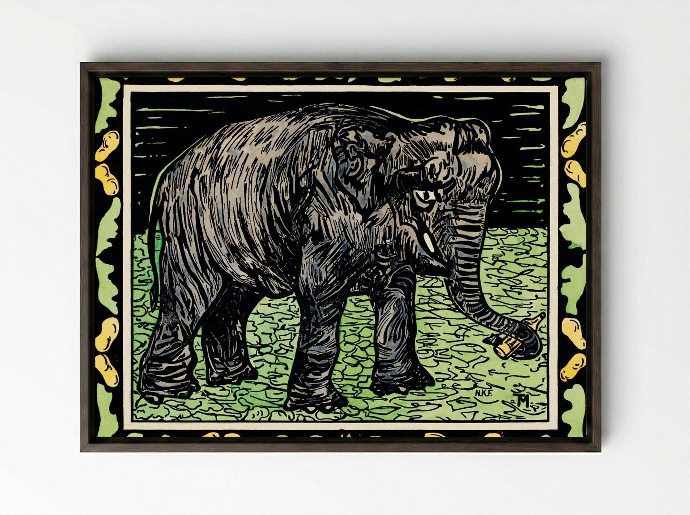 Olifant met fles (Elephant with Bottle) - Theo van Hoytema - Framed Canvas Dark Wood