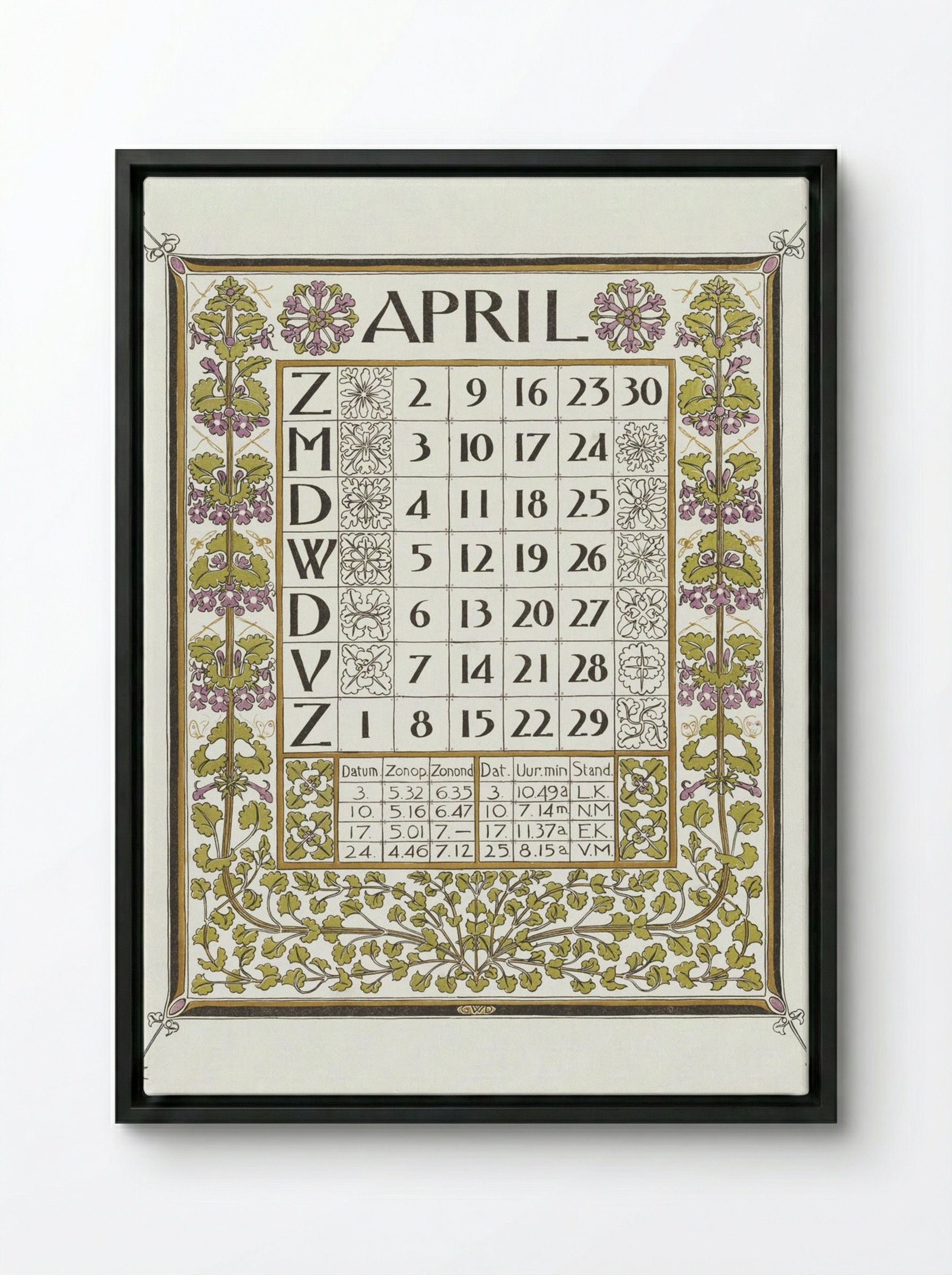 Calendar for April 1899 - Gerrit Willem Dijsselhof - Framed Canvas Black