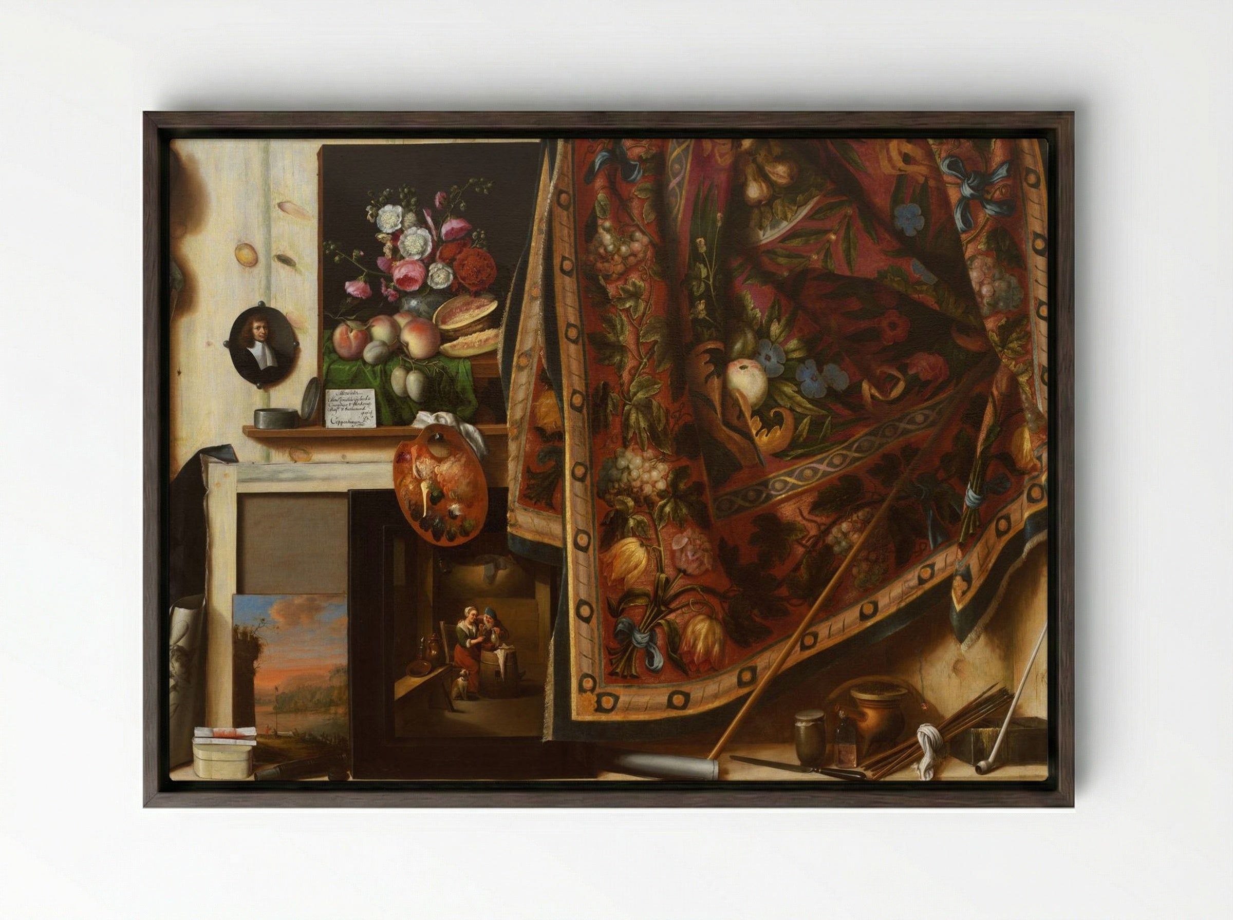 Trompe l'oeil. Cabinet from the Artist's Studio - Cornelis Norbertus Gysbrechts - Framed Canvas Dark Wood