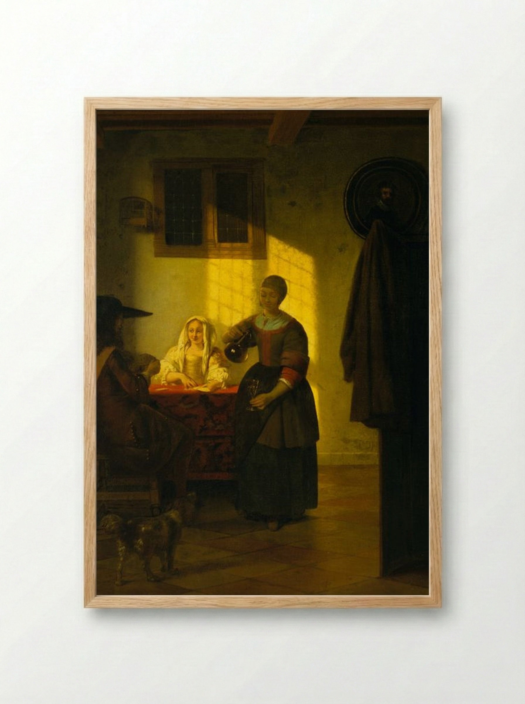 A Couple Playing Cards, with a Serving Woman - Pieter de Hooch - Framed Print Wood