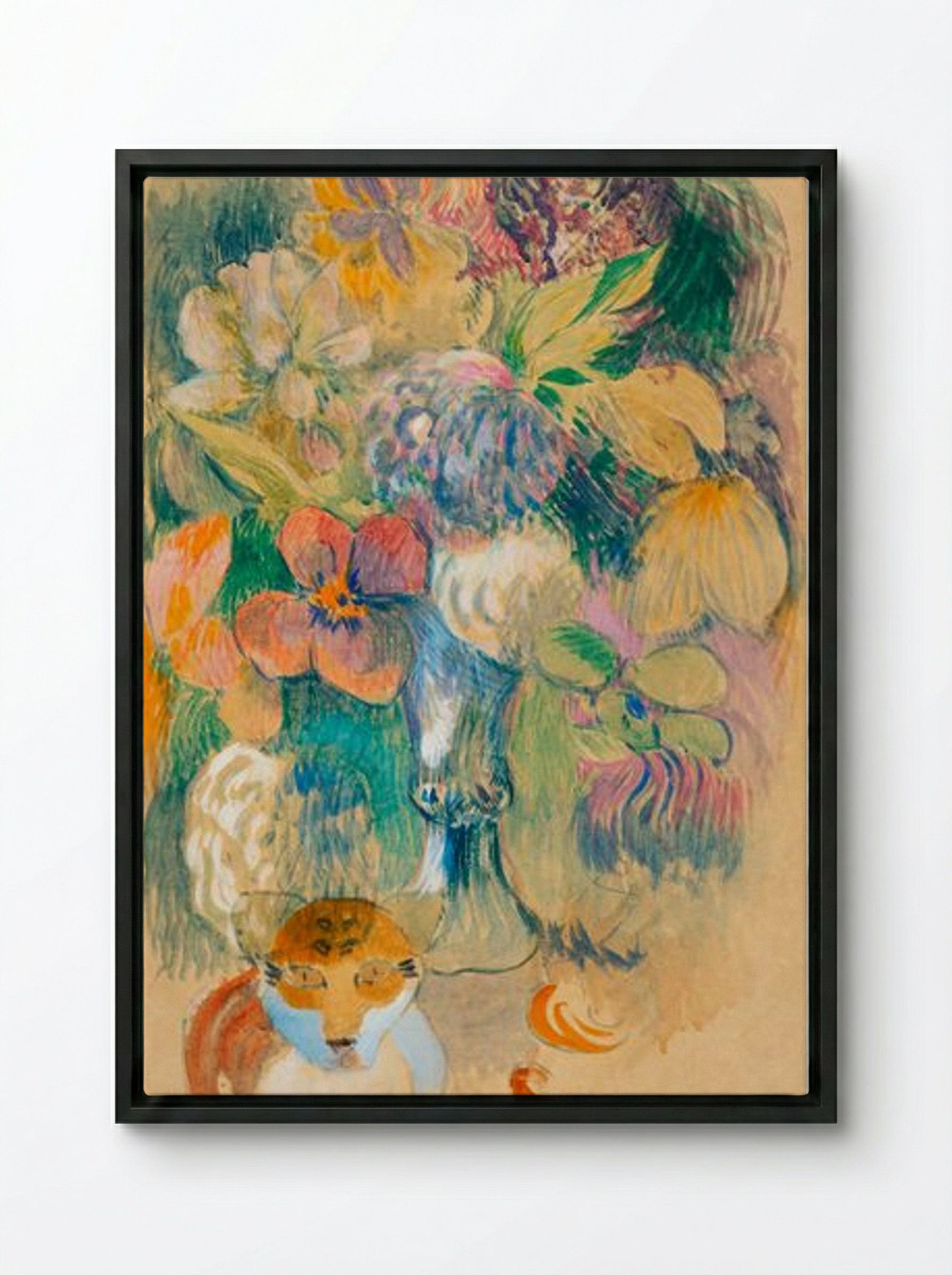 Still Life with Cat - Paul Gauguin - Framed Canvas Black