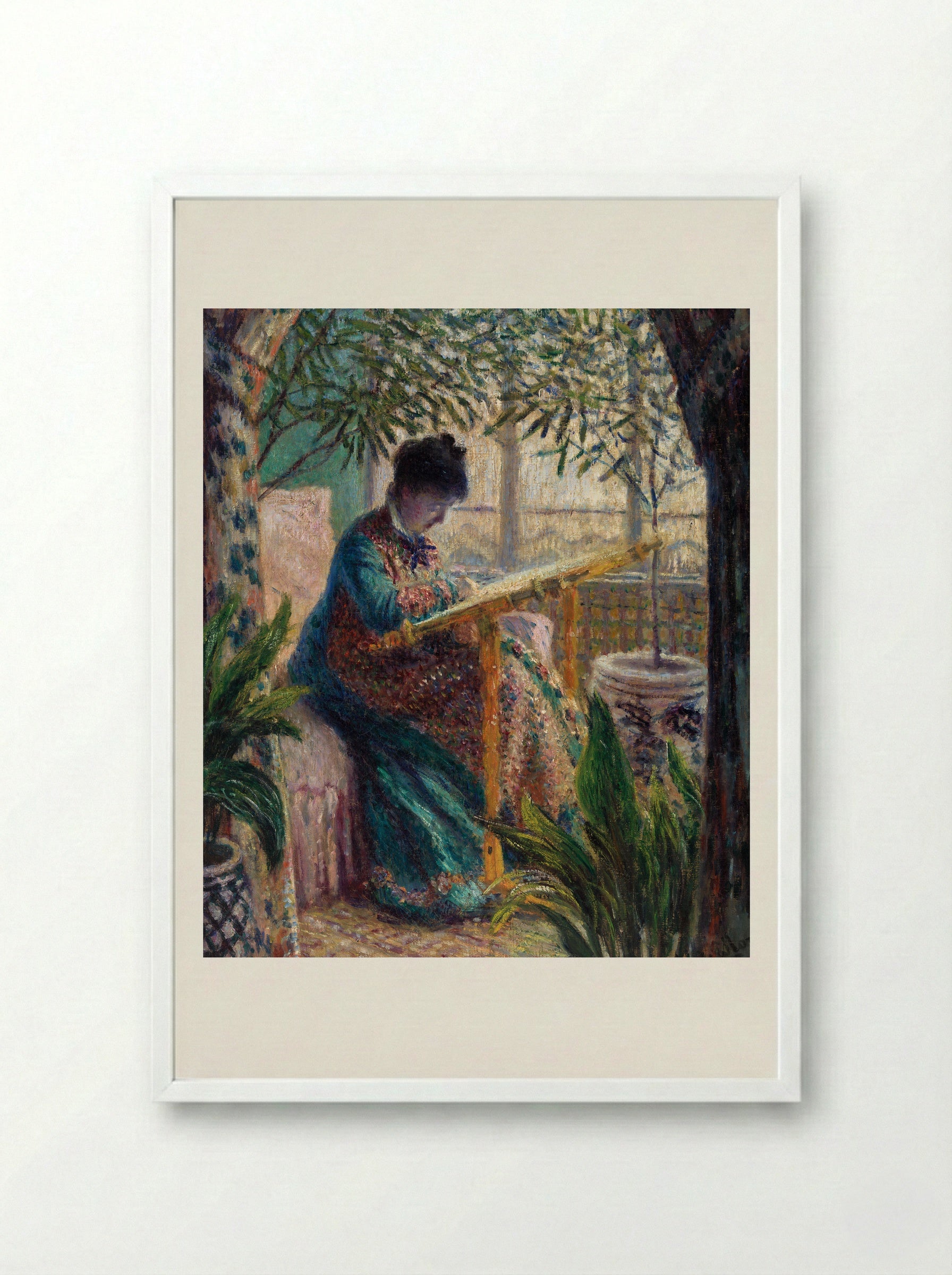 Madame Monet Embroidering - Claude Monet - Framed Print White