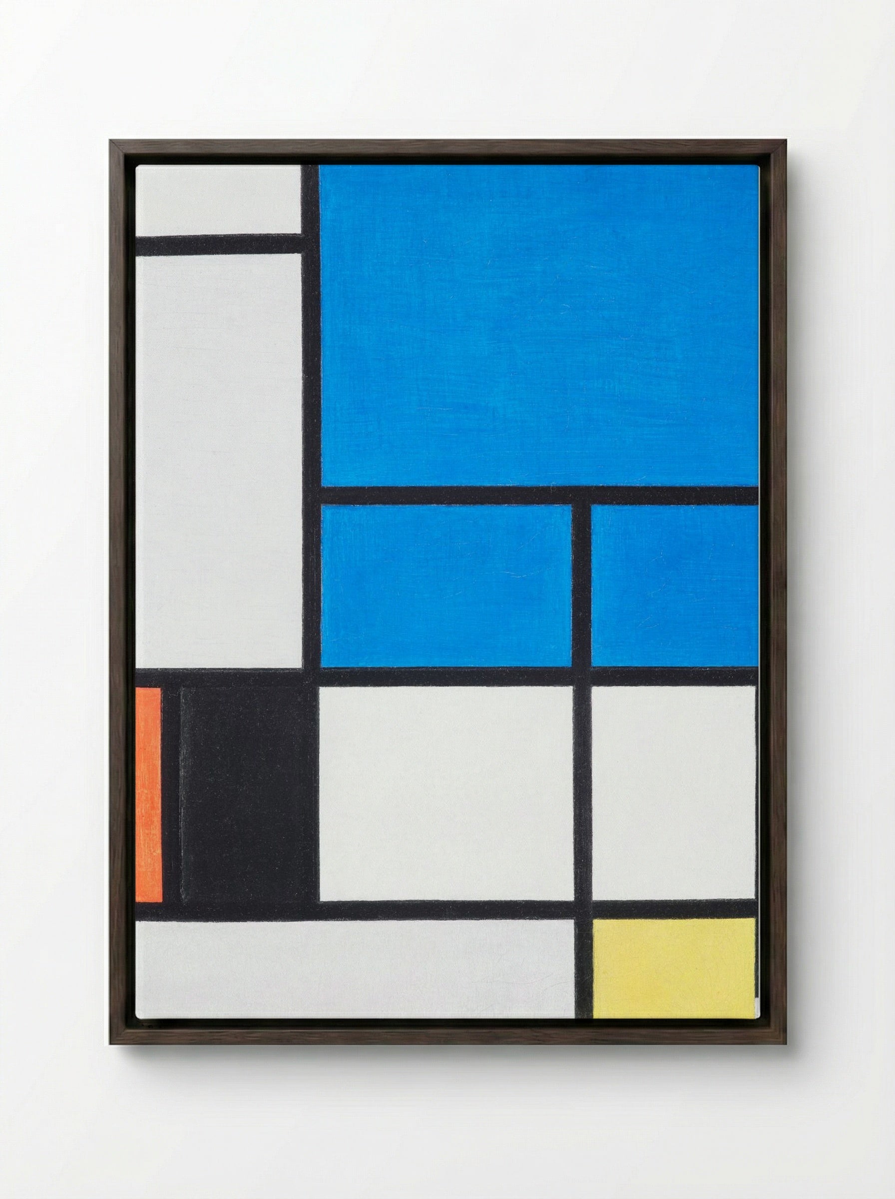 Composition with Large Blue Plane, Red, Black, Yellow, and Gray - Piet Mondrian - Framed Canvas Dark Wood