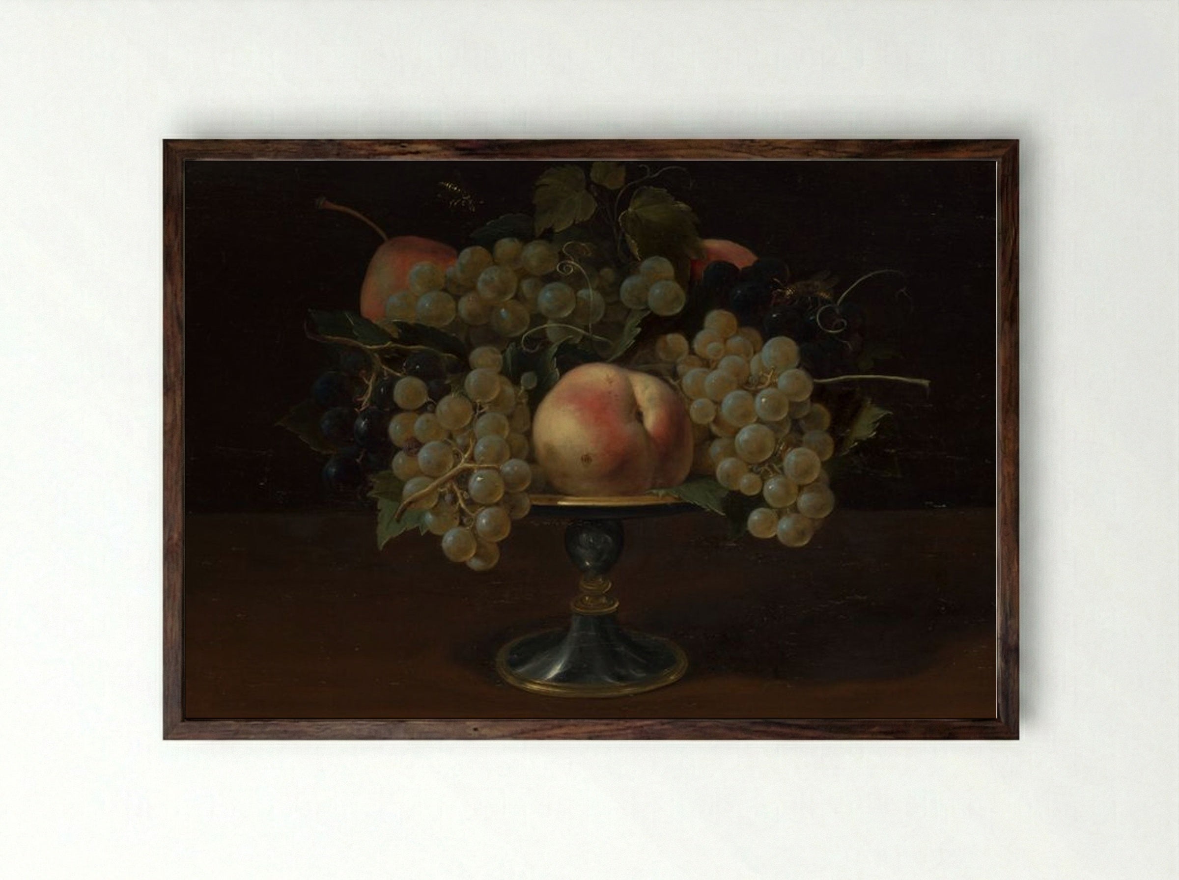 Still Life of Grapes and Peaches - Fine Art Print - Framed Print Dark Wood