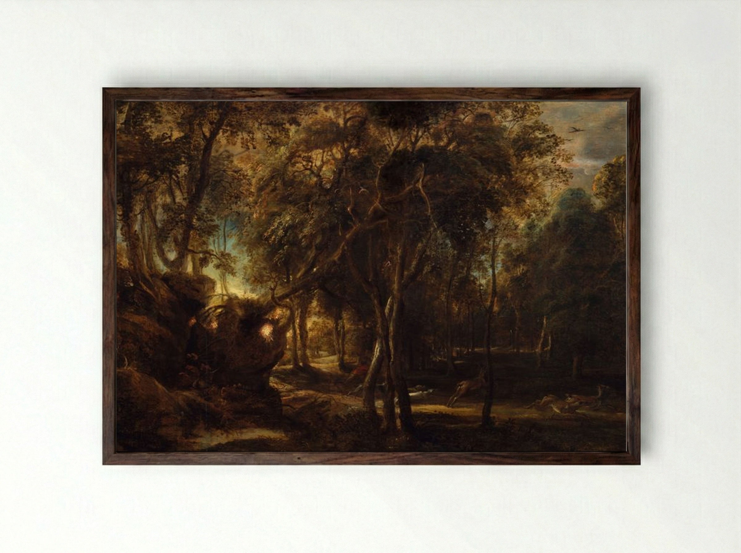 A Forest at Dawn with a Deer Hunt - Peter Paul Rubens - Framed Print Dark Wood