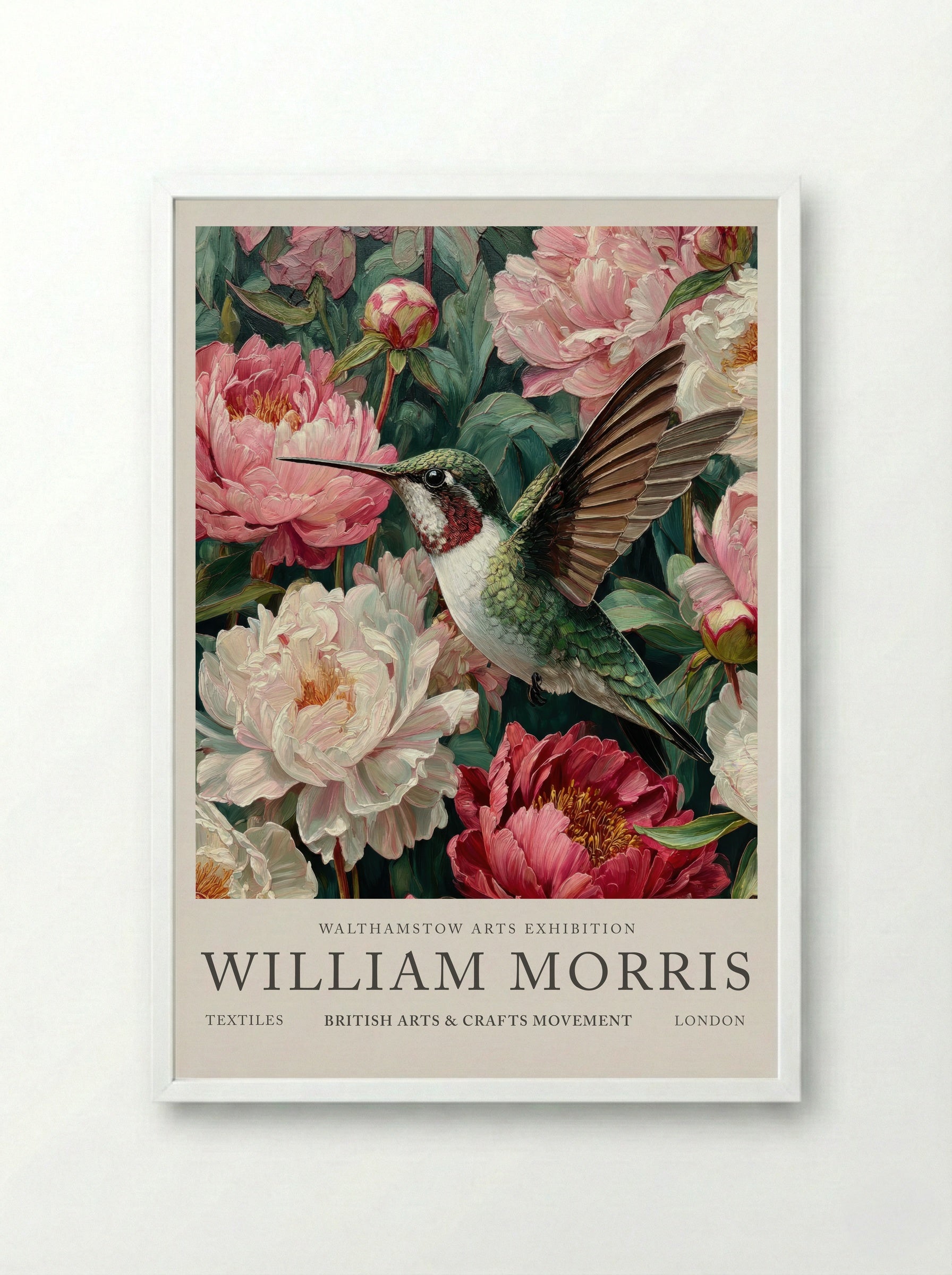 Peony Hummingbird Flight - William Morris - Framed Print White