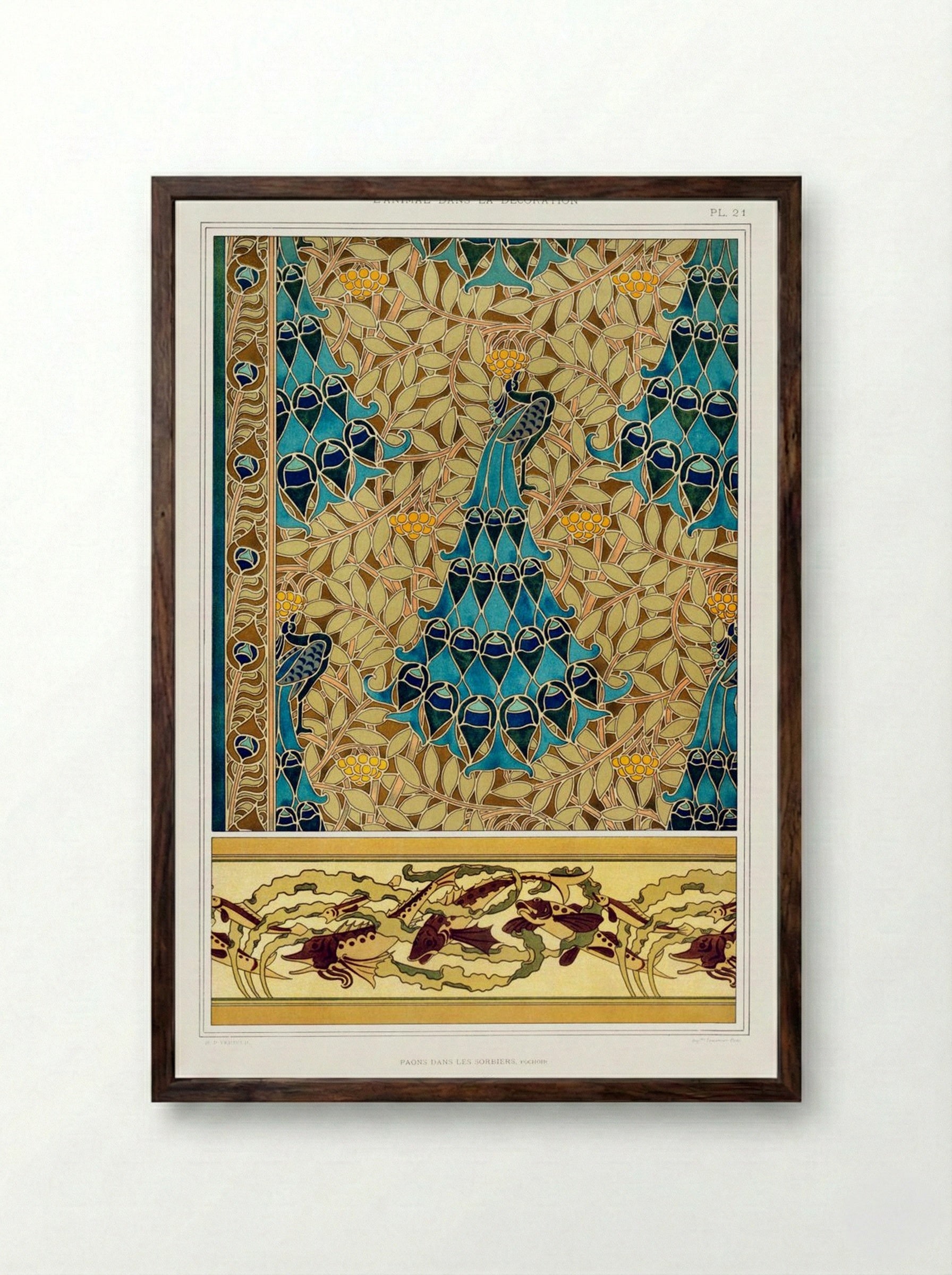 Paons dans les Sorbiers, Poissons et Algues - Maurice Pillard Verneuil - Framed Print Dark Wood