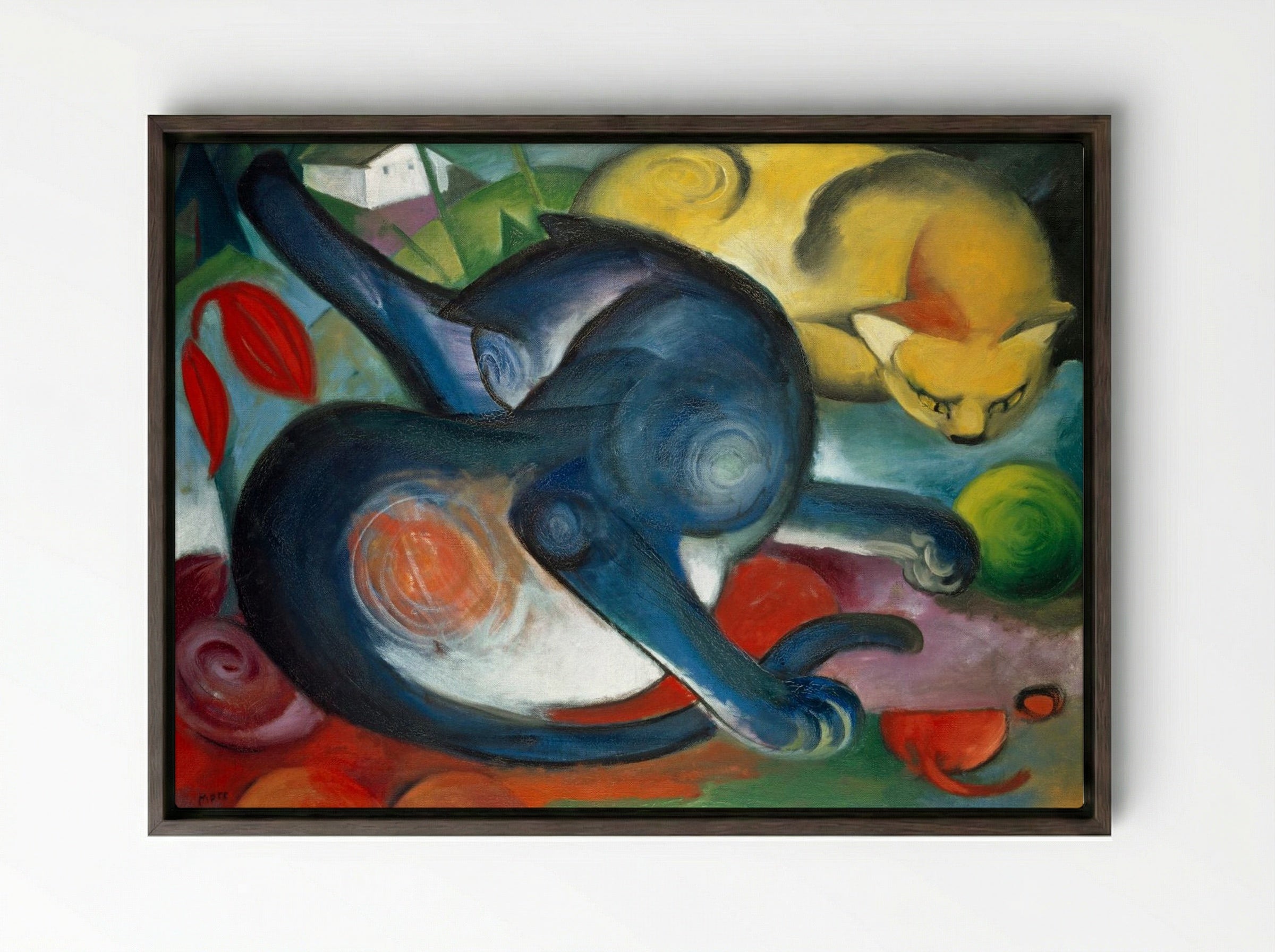Two Cats, Blue and Yellow - Franz Marc - Framed Canvas Dark Wood