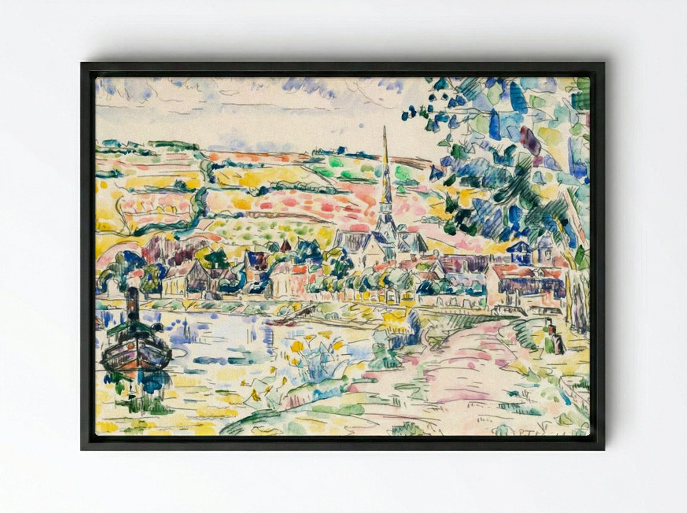 Petit Andely, The River Bank - Paul Signac - Framed Canvas Black