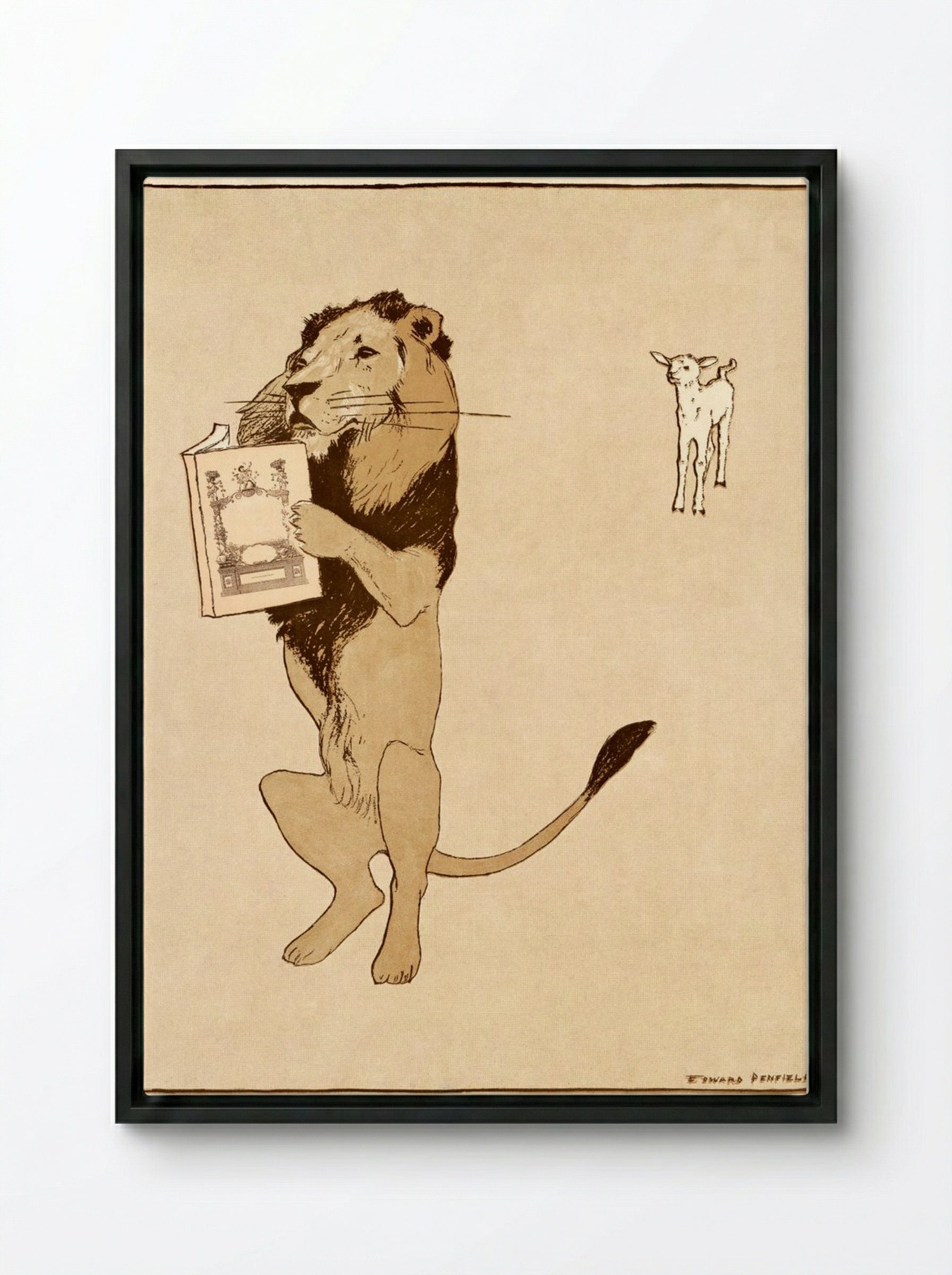 The Lion and the Book - Edward Penfield - Framed Canvas Black