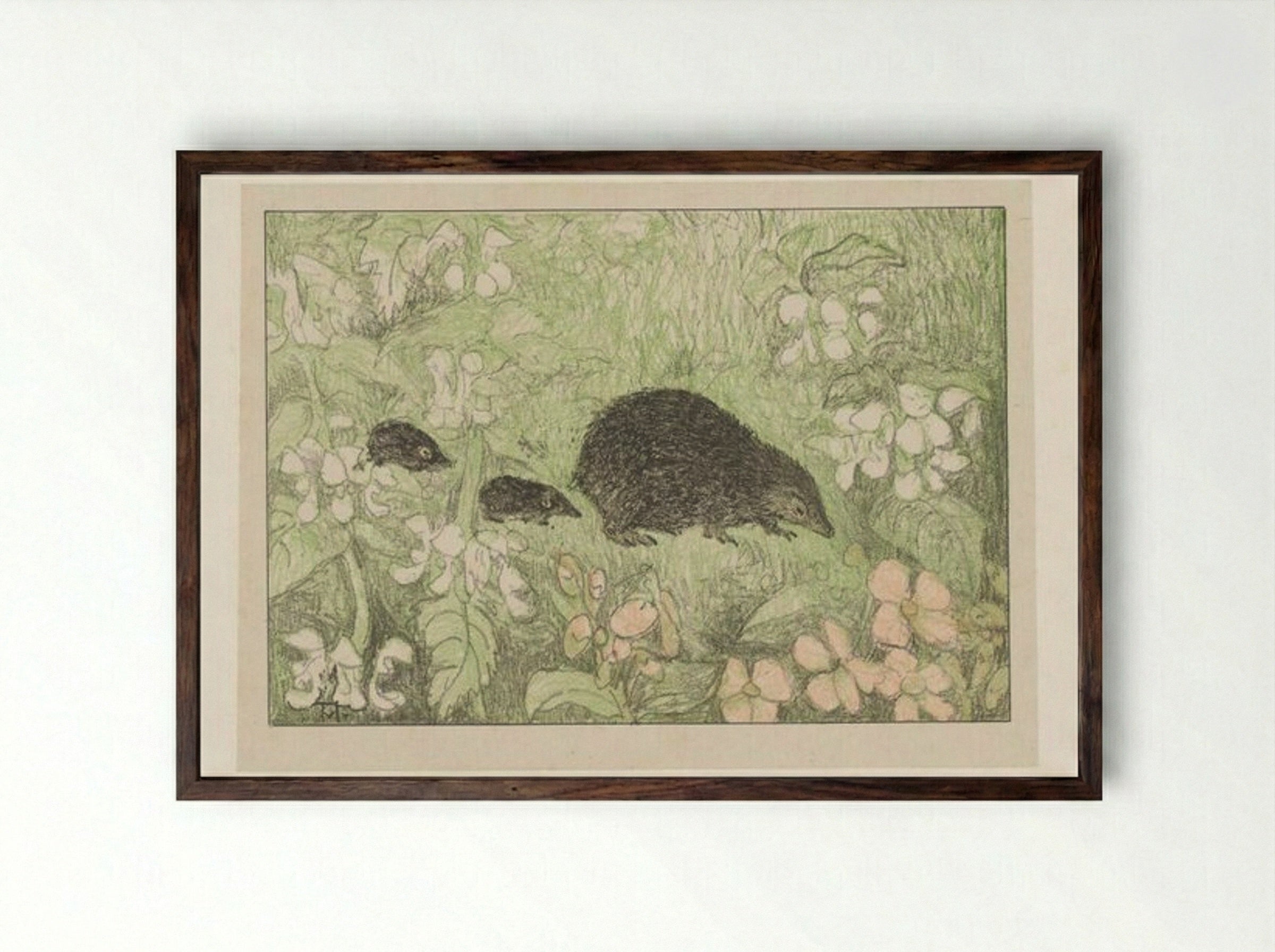 Hedgehog with Young - Theo van Hoytema - Framed Print Dark Wood