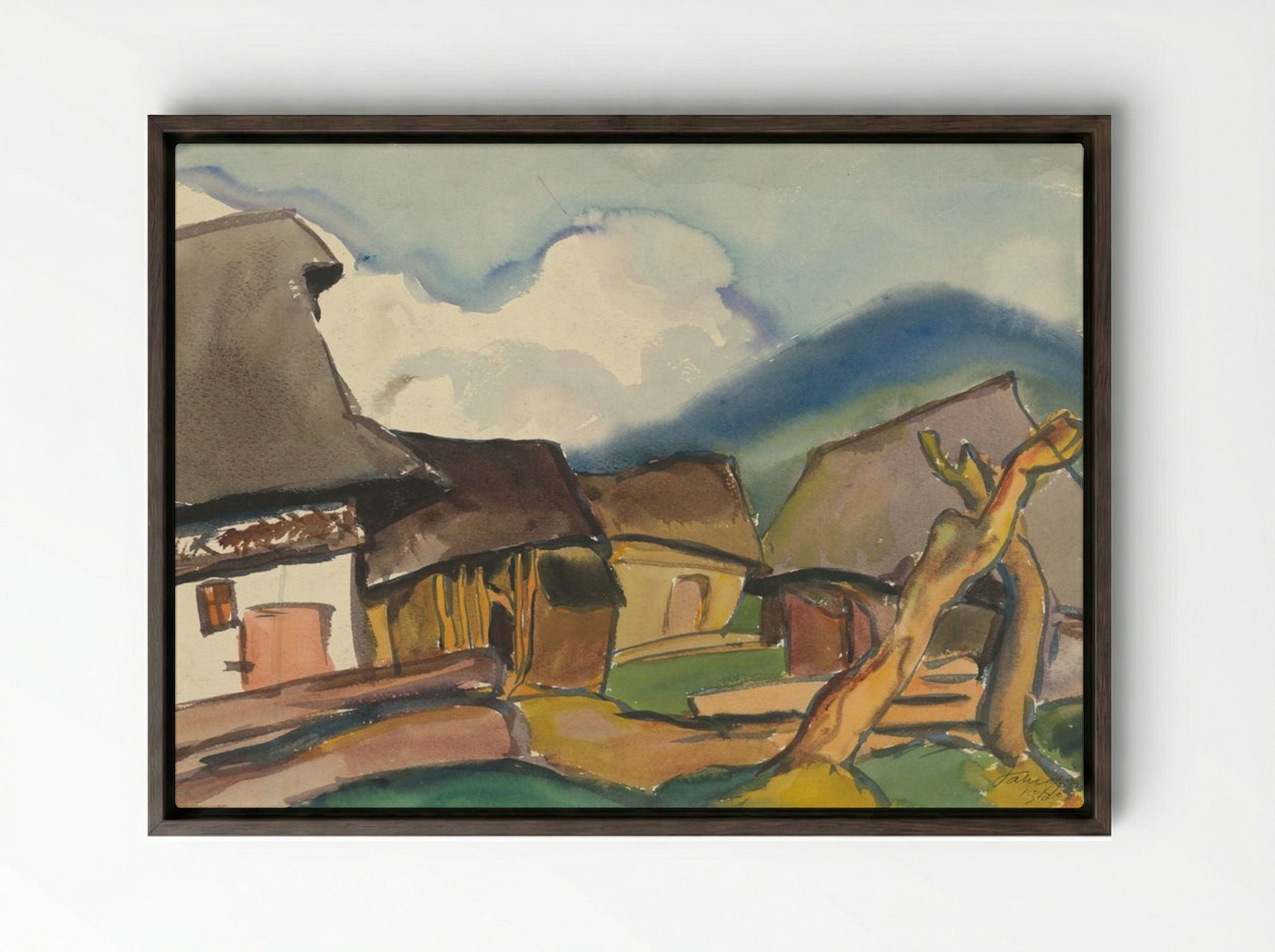 Village Scene - Zolo Palugyay - Framed Canvas Dark Wood