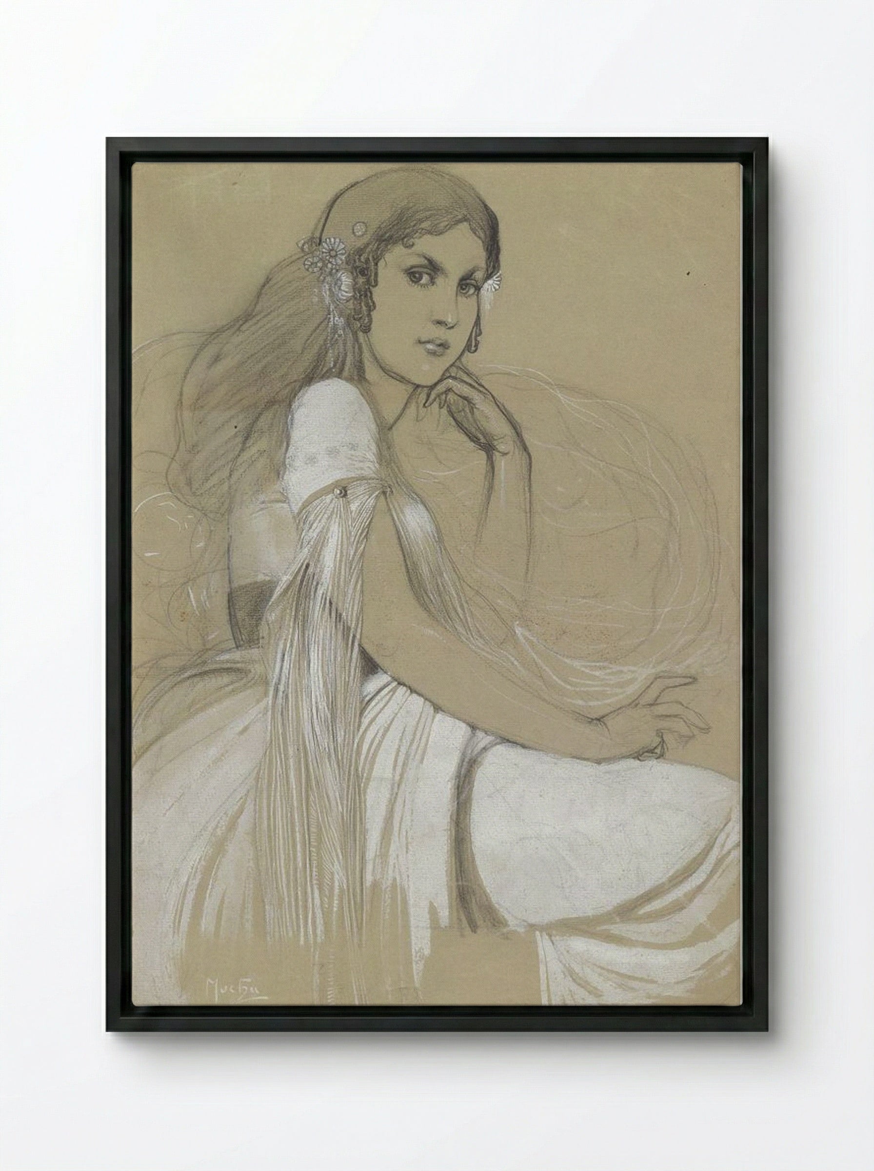 Study of Jaroslava Mucha, the Artist's Daughter - Alphonse Mucha - Framed Canvas Black