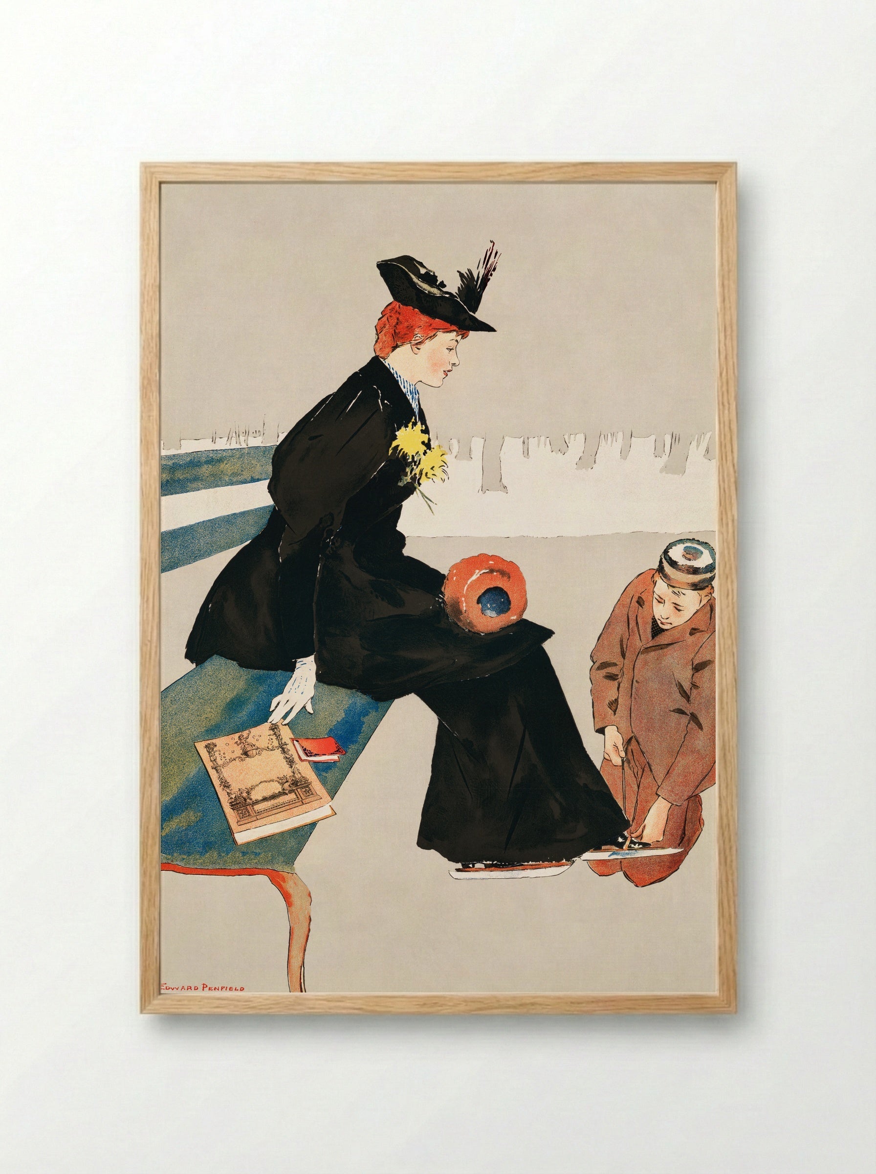 Woman Sitting on a Bench - Edward Penfield - Framed Print Wood