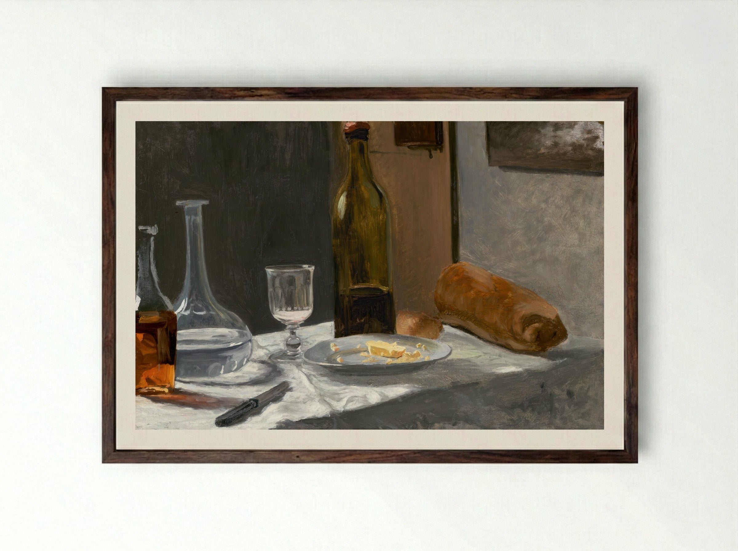 Still Life with Bottle, Carafe, Bread, and Wine - Claude Monet - Framed Print Dark Wood